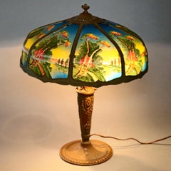 Antique Arts & Crafts Pittsburgh School Reverse Painted Panel Table Lamp