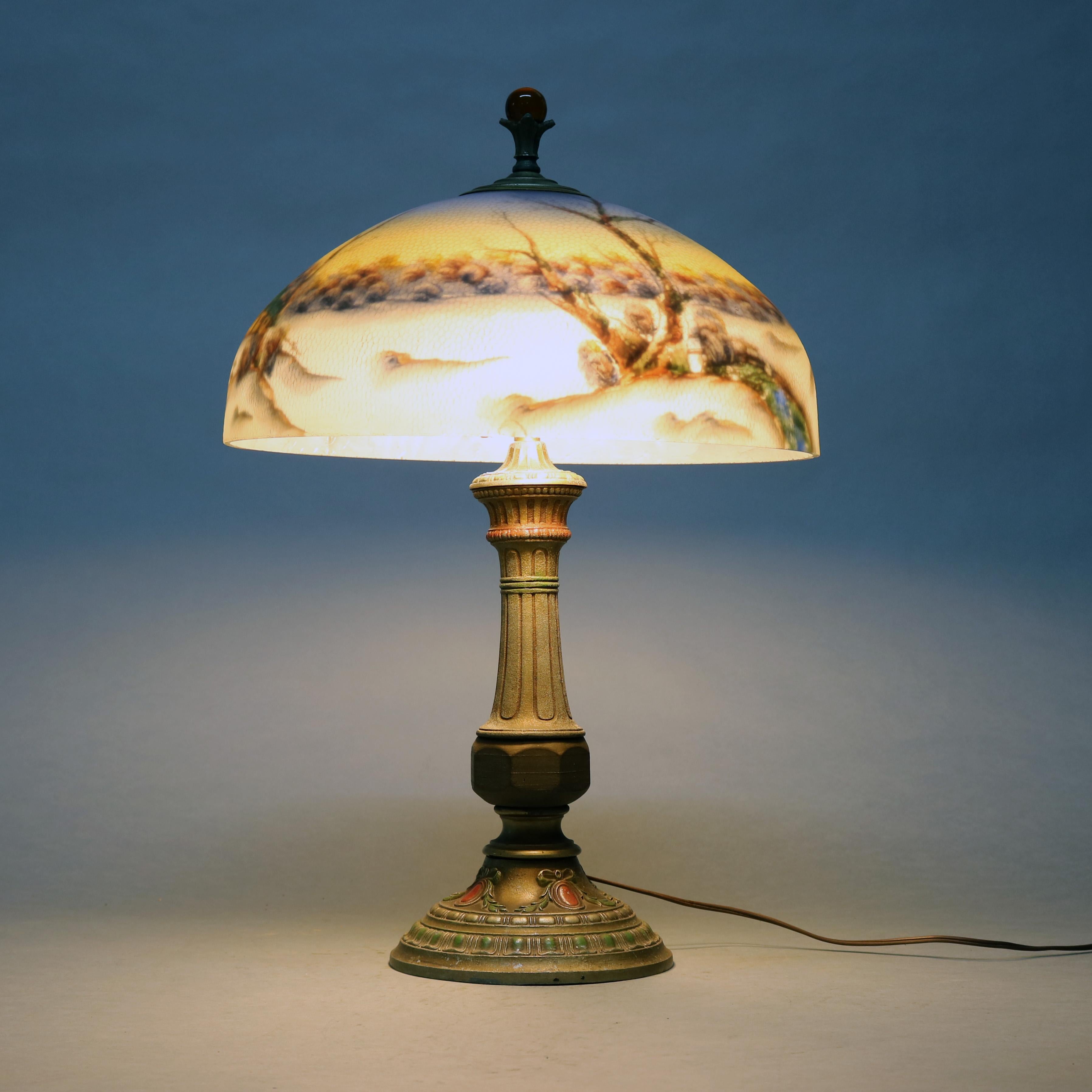 Cast Antique Arts & Crafts Pittsburgh School Reverse Painted Table Lamp, circa 1920