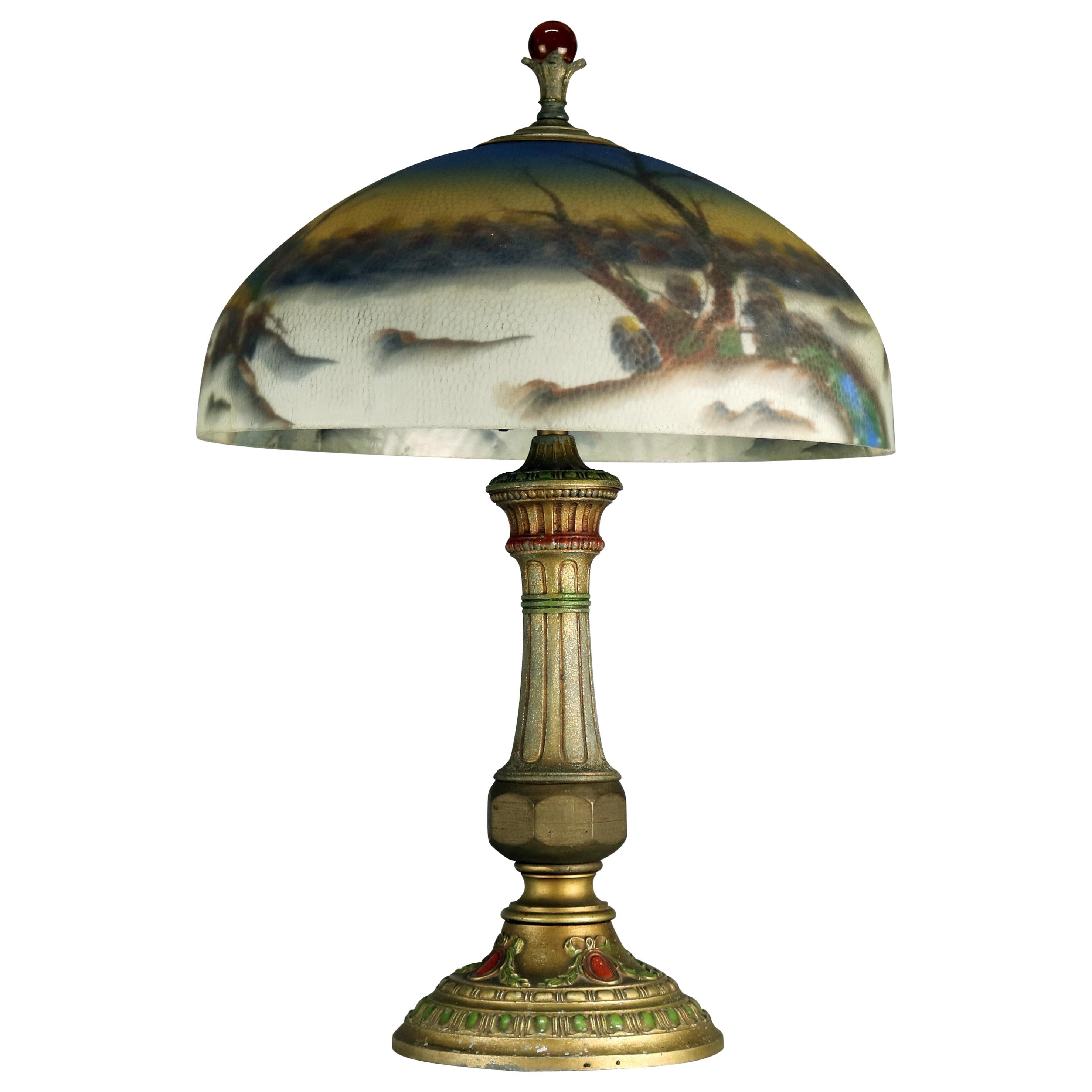 Antique Arts & Crafts Pittsburgh School Reverse Painted Table Lamp, circa 1920