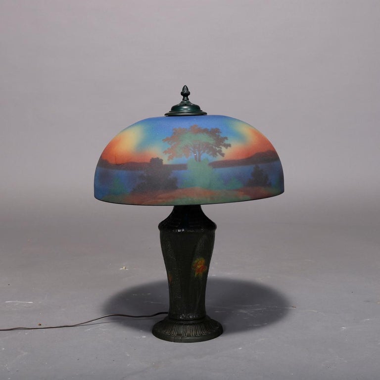 American Antique Arts & Crafts Pittsburgh Style Reverse Painted & Polychromed Lamp, c1920 For Sale