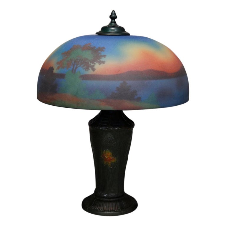 Antique Arts & Crafts Pittsburgh Style Reverse Painted & Polychromed Lamp, c1920 For Sale