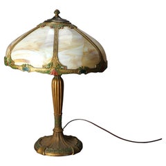 Antique Arts & Crafts Polychromed Bradley & Hubbard School Slag Glass Lamp c1920