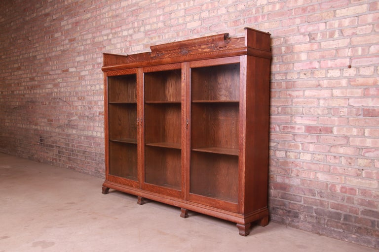 Antique Arts and Crafts Quarter Sawn Oak Glass Front Triple Bookcase