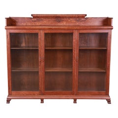 Antique Arts & Crafts Quarter Sawn Oak Glass Front Triple Bookcase, Circa 1900