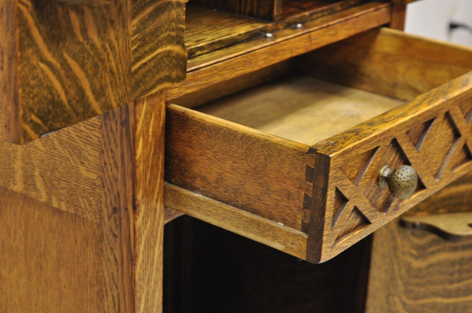 Antique Arts & Crafts Quartersawn Tiger Oak Bar Liquor Cabinet with Drawer 1