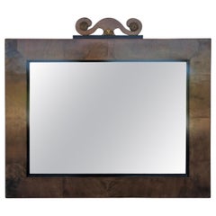 Antique Arts & Crafts Rectangular Carved Oak and Bronze Mirror, circa 1920