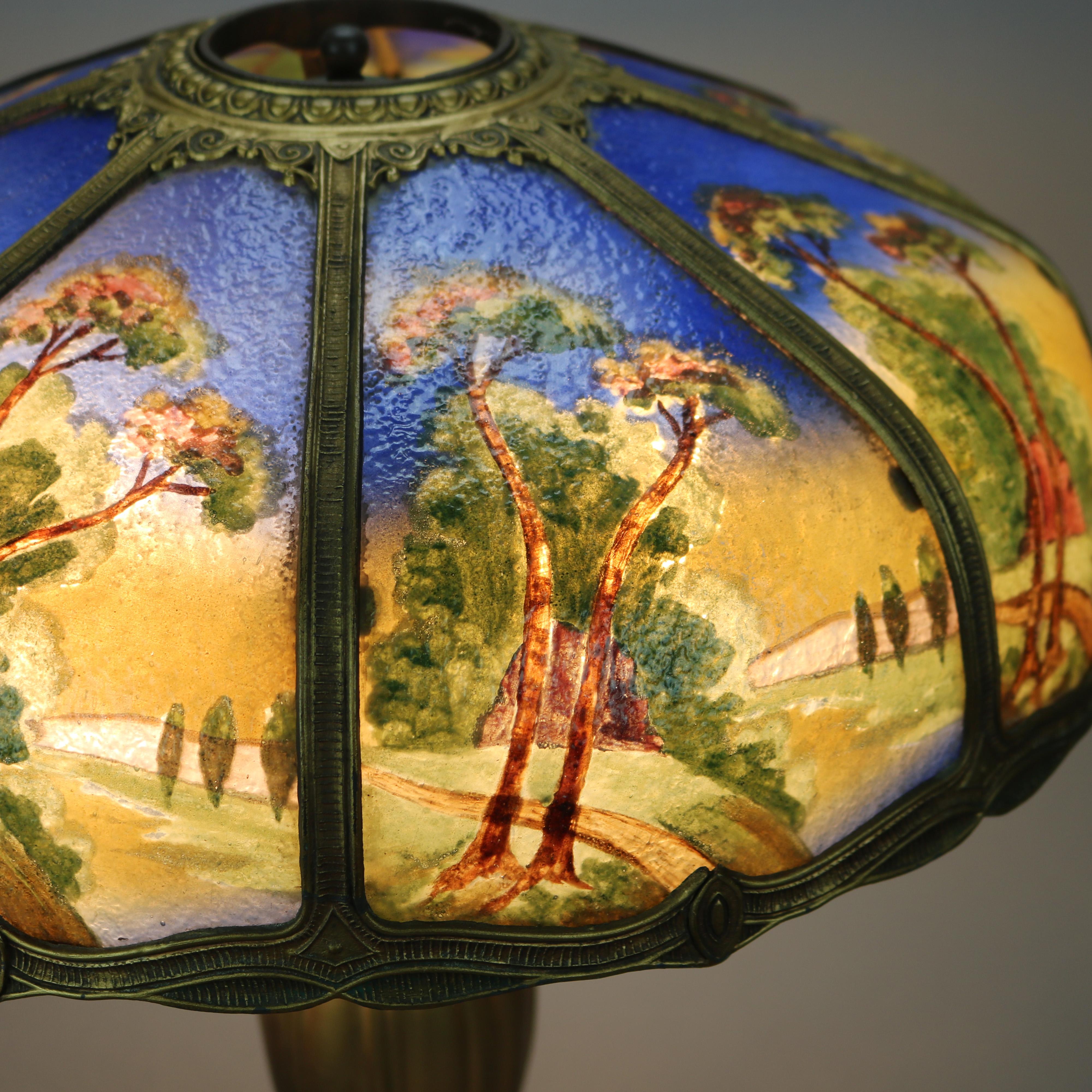 Antique Arts & Crafts Reverse Painted Bradley & Hubbard School Lamp, Circa 1920 2