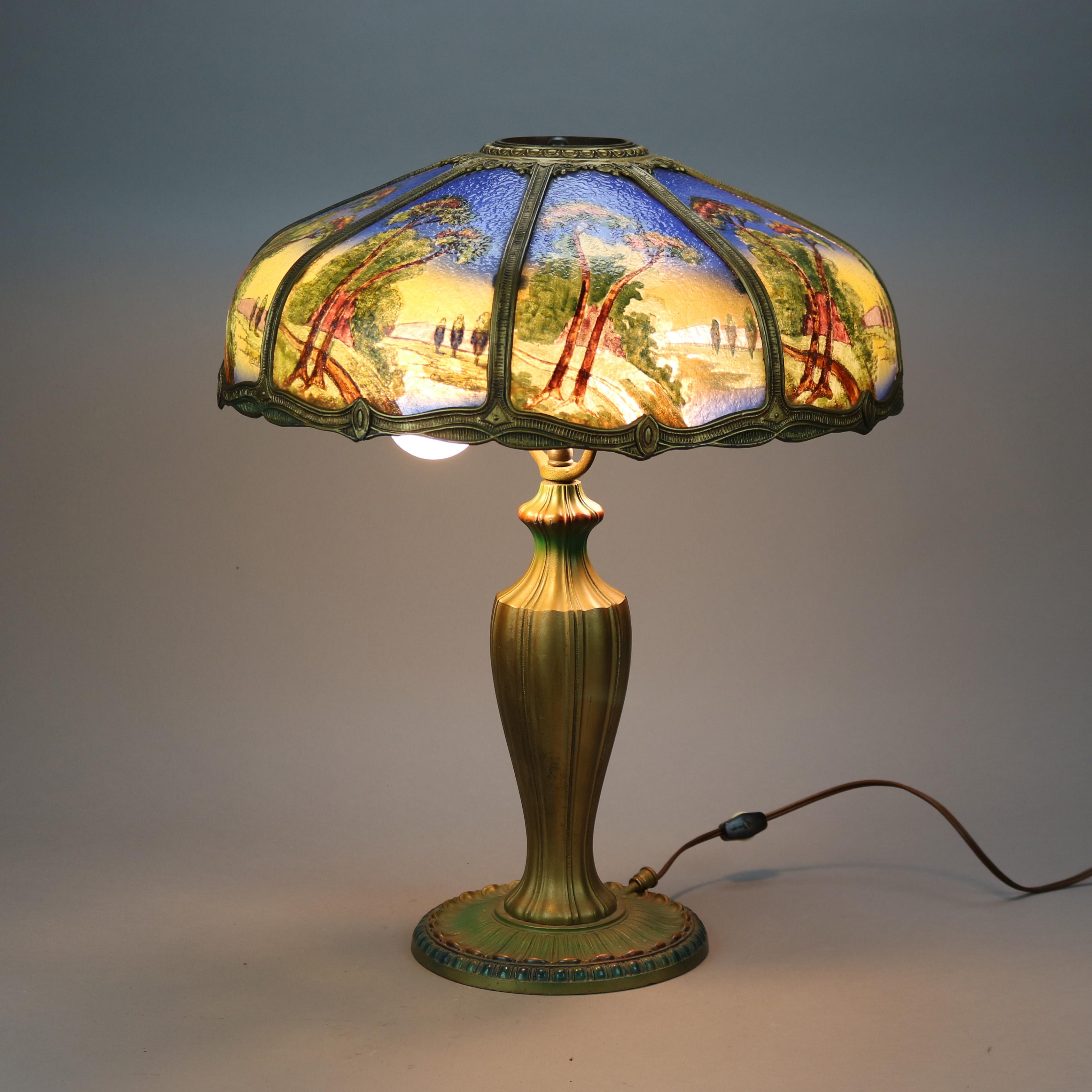 American Antique Arts & Crafts Reverse Painted Bradley & Hubbard School Lamp, Circa 1920