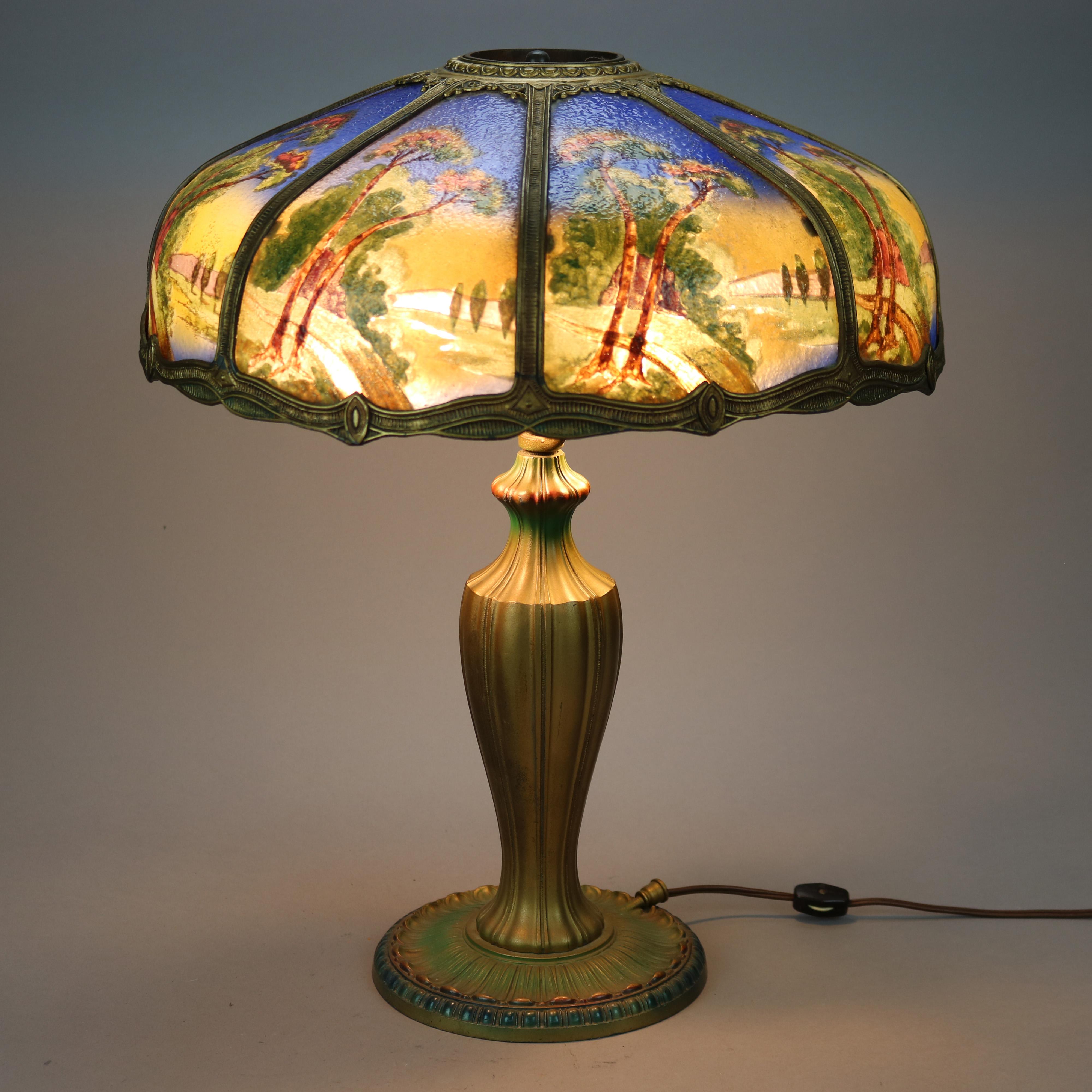 Antique Arts & Crafts Reverse Painted Bradley & Hubbard School Lamp, Circa 1920 In Good Condition In Big Flats, NY