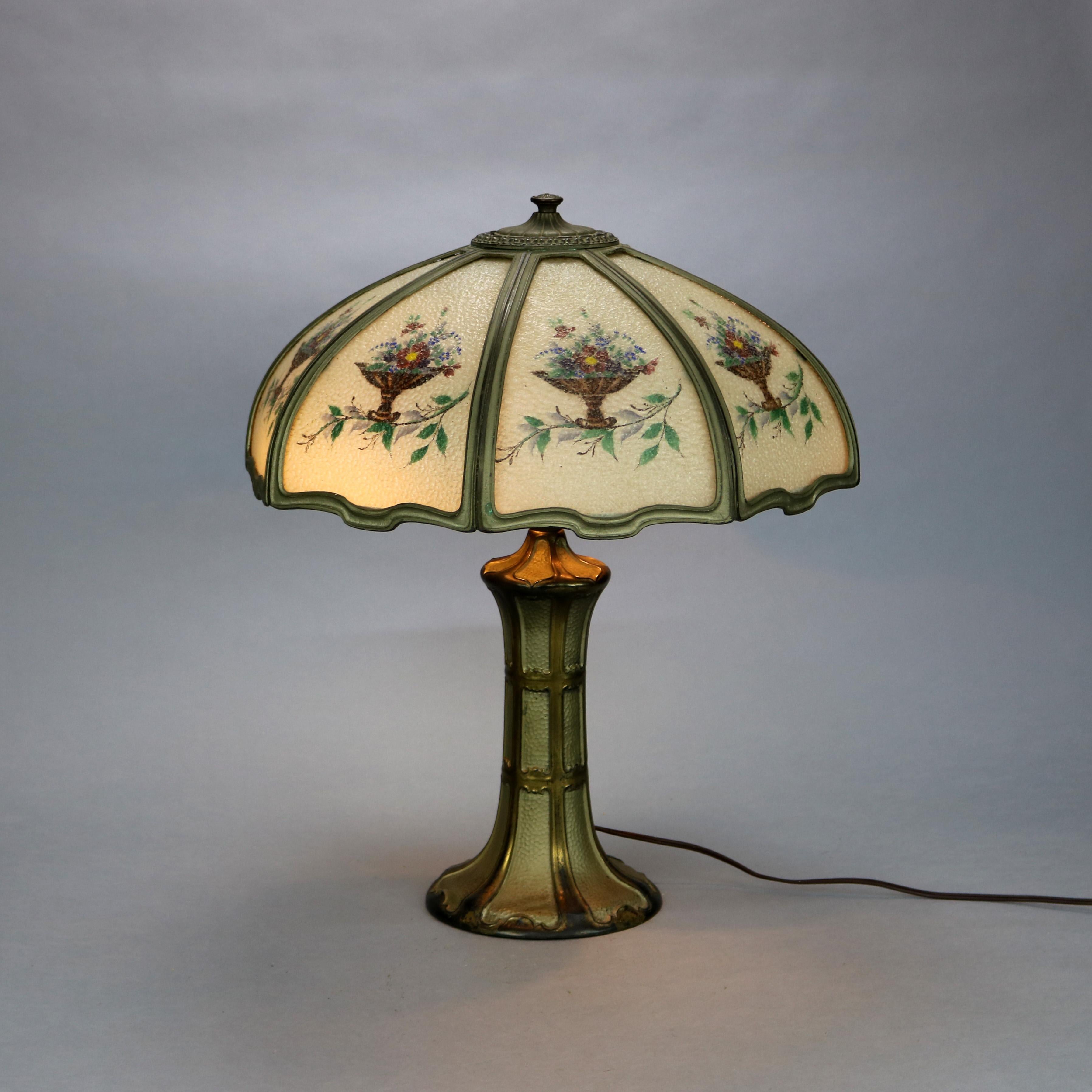 Antique Arts & Crafts Reverse Painted Floral Panel Table Lamp, Circa 1920 4