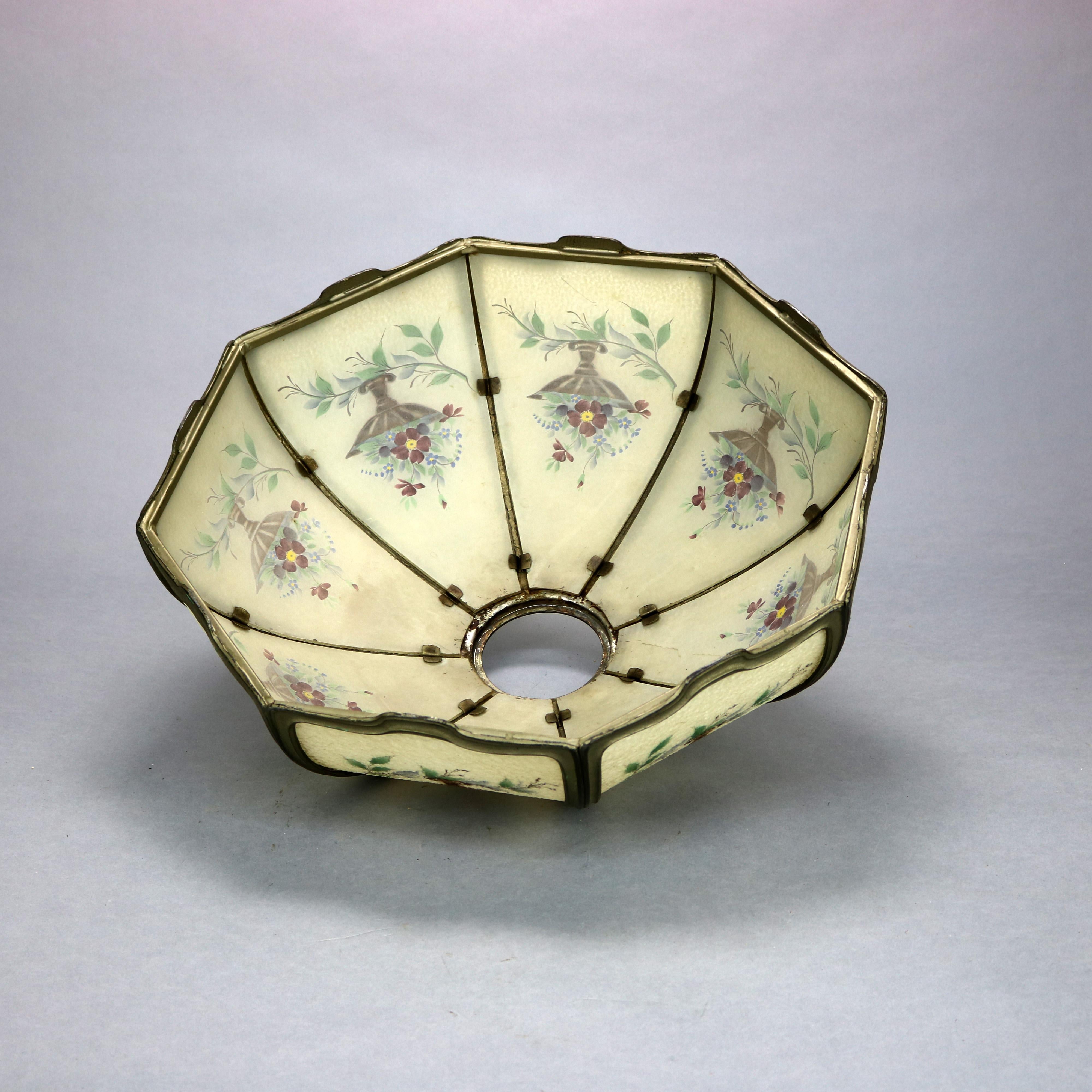 Cast Antique Arts & Crafts Reverse Painted Floral Panel Table Lamp, Circa 1920