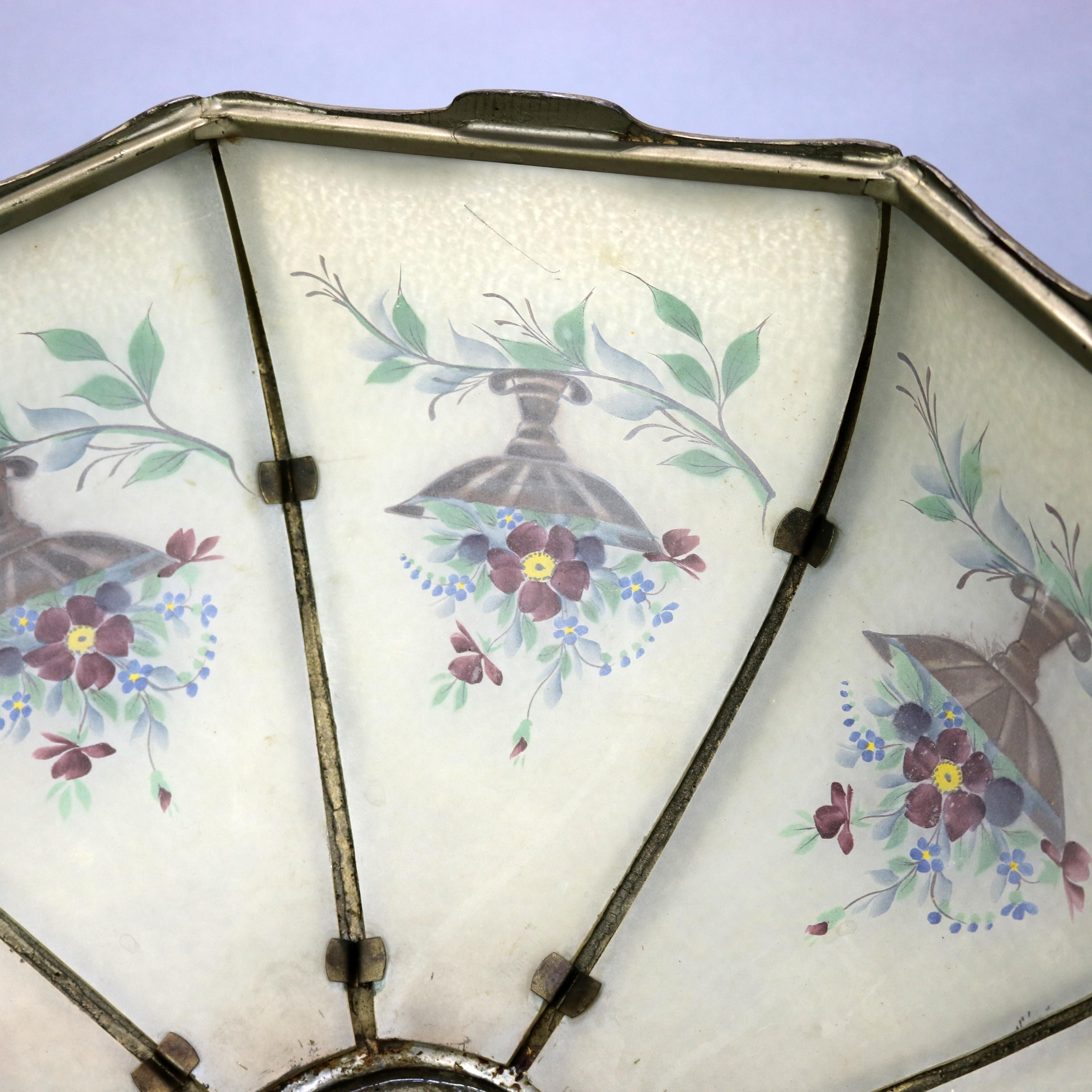 Metal Antique Arts & Crafts Reverse Painted Floral Panel Table Lamp, Circa 1920
