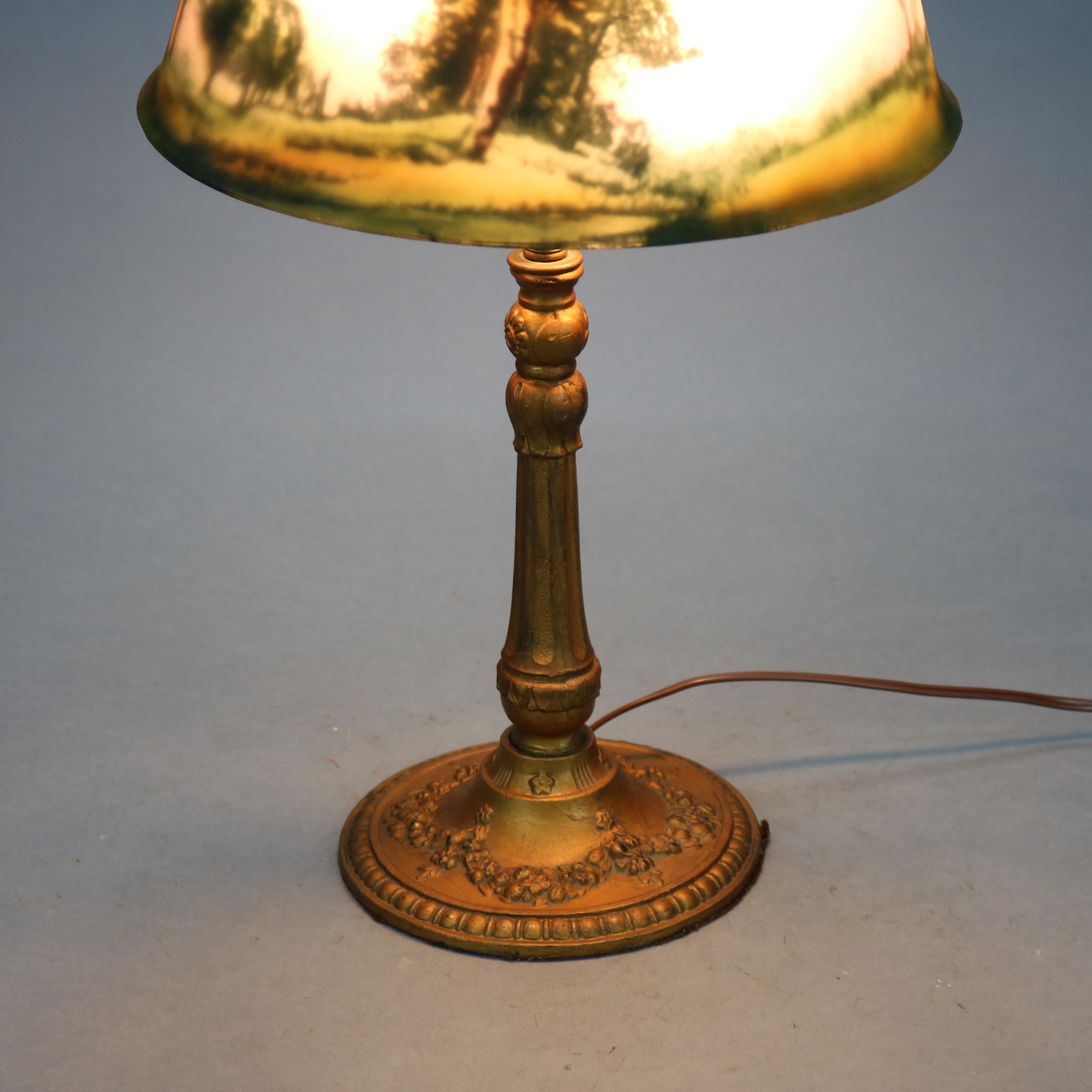 Arts and Crafts Antique Arts & Crafts Reverse Painted Scenic Table Lamp, Circa 1920