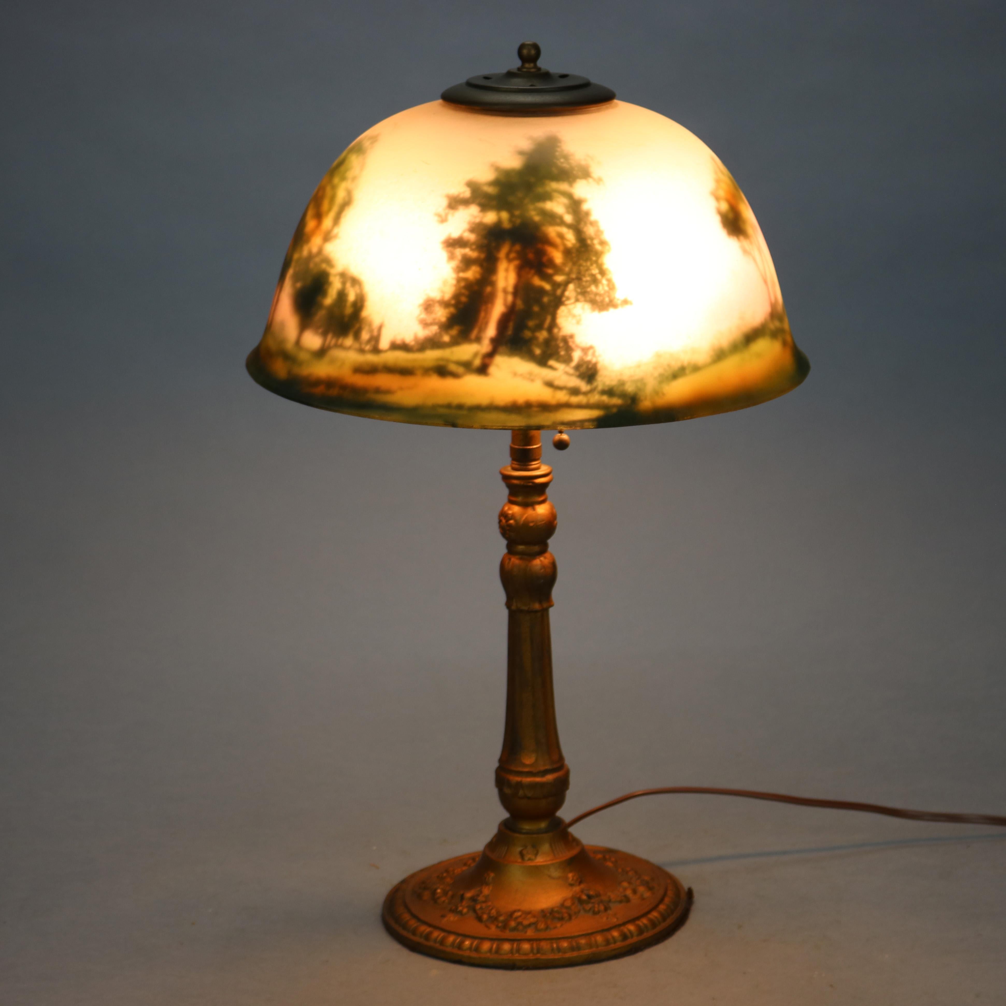 American Antique Arts & Crafts Reverse Painted Scenic Table Lamp, Circa 1920