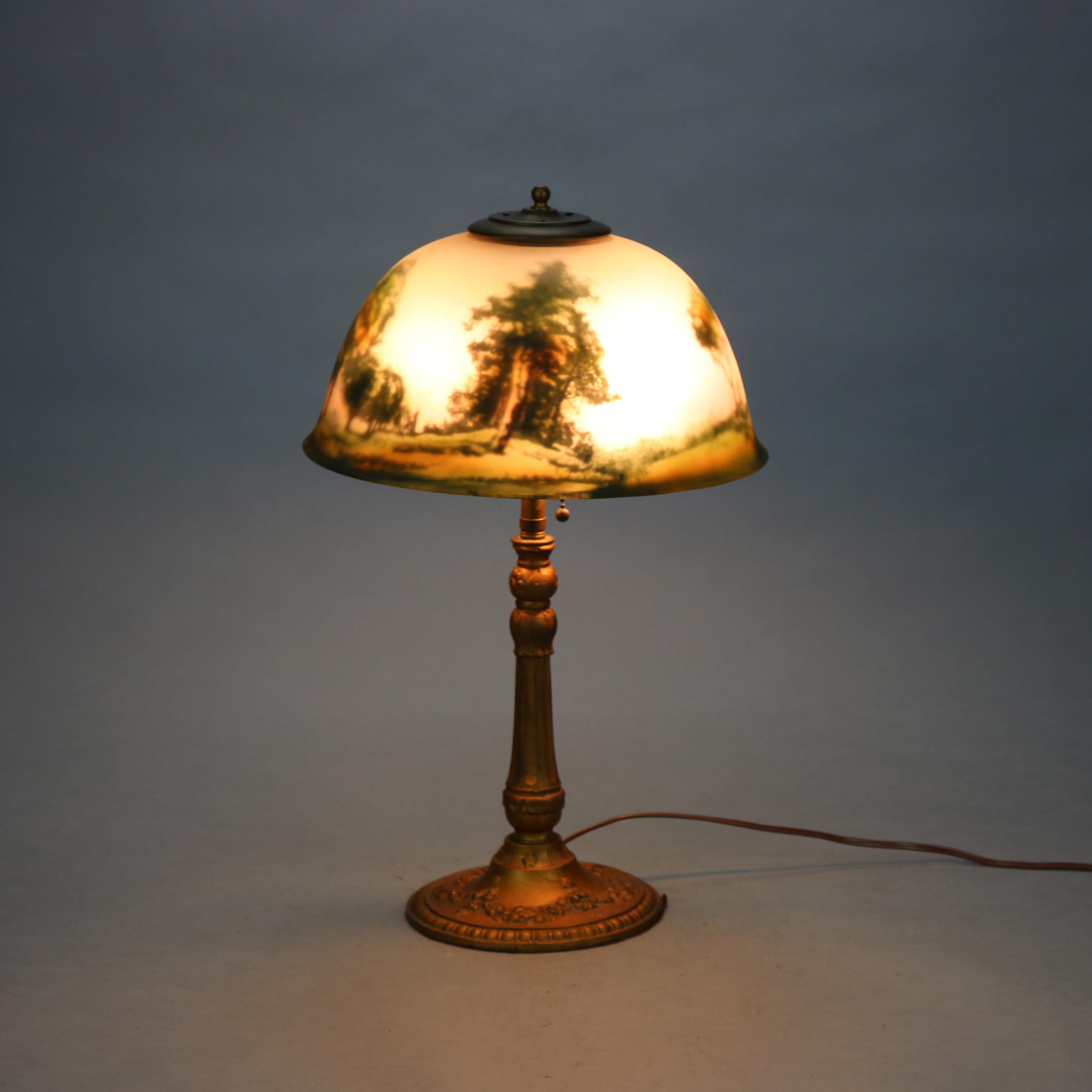 Cast Antique Arts & Crafts Reverse Painted Scenic Table Lamp, Circa 1920