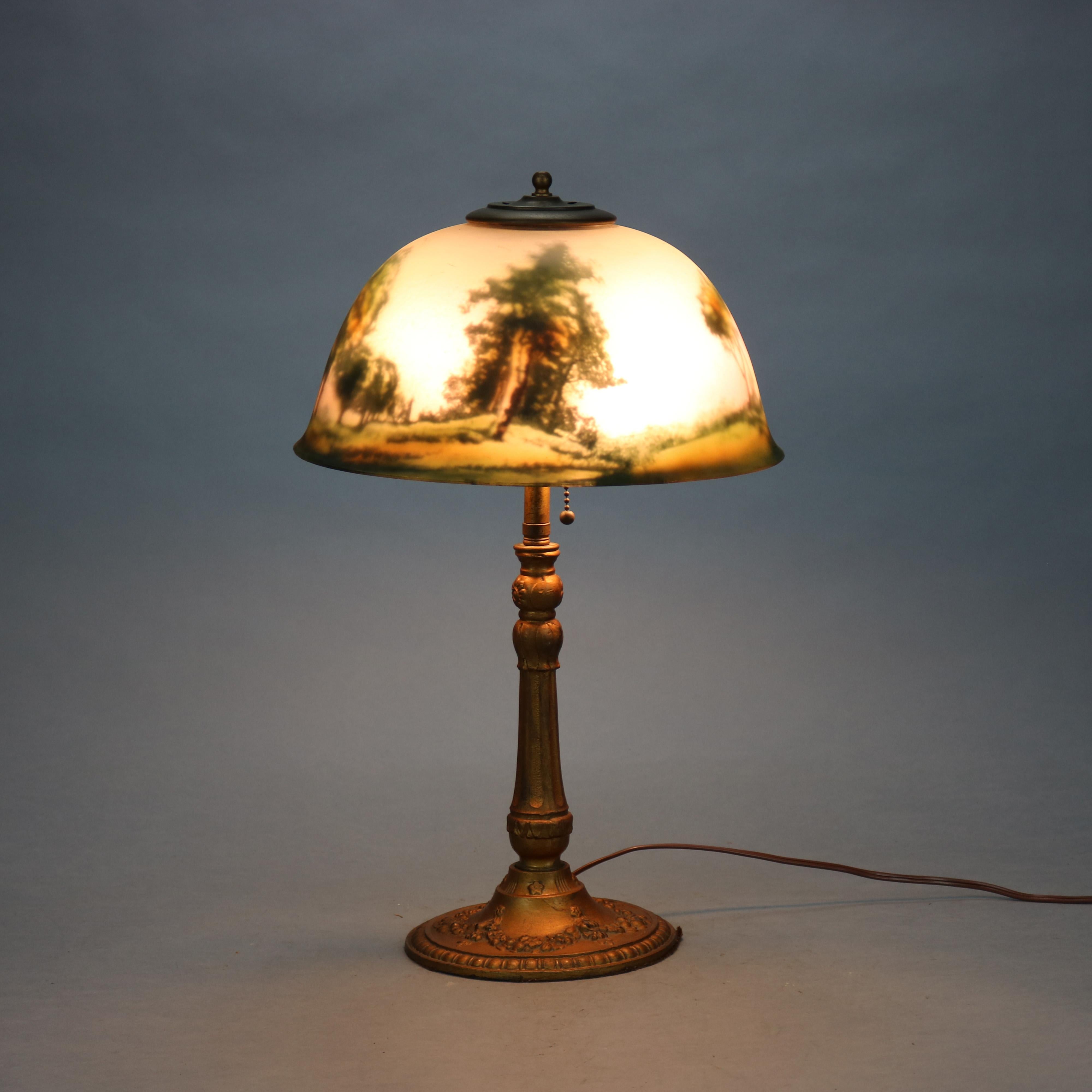 Antique Arts & Crafts Reverse Painted Scenic Table Lamp, Circa 1920 In Good Condition In Big Flats, NY