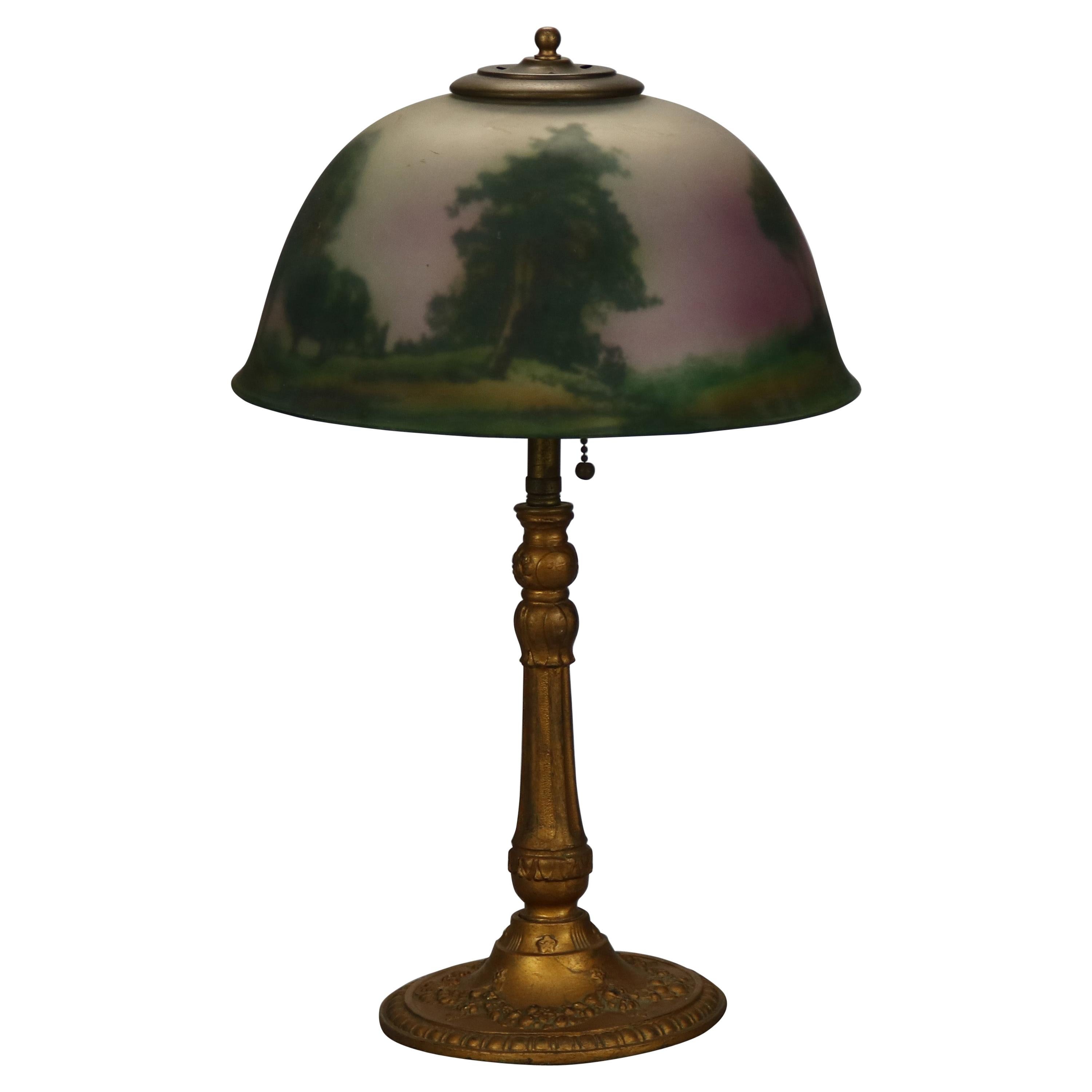 Antique Arts & Crafts Reverse Painted Scenic Table Lamp, Circa 1920