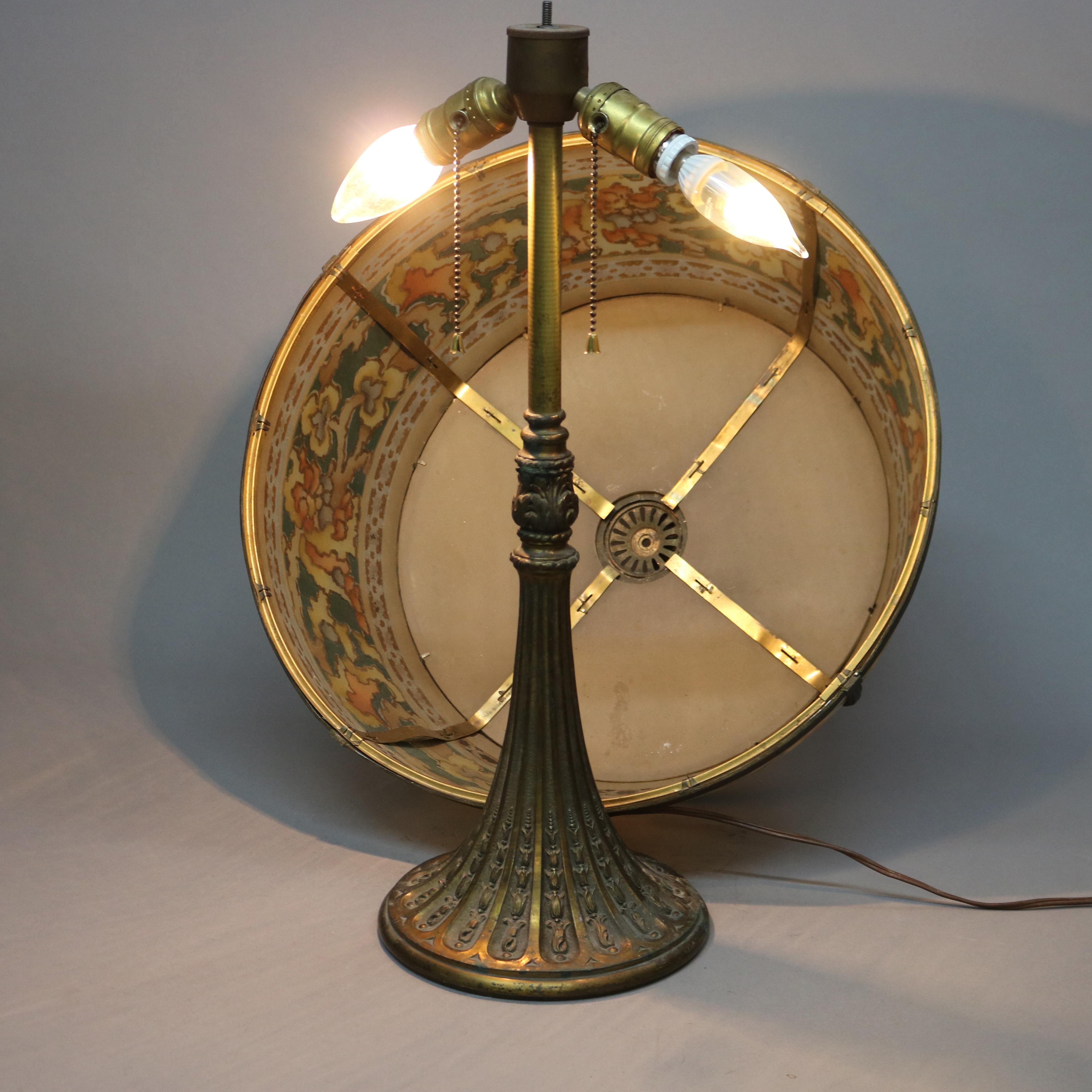 Metal Antique Arts & Crafts Reverse Painted Table Lamp, Bradley & Hubbard School c1920