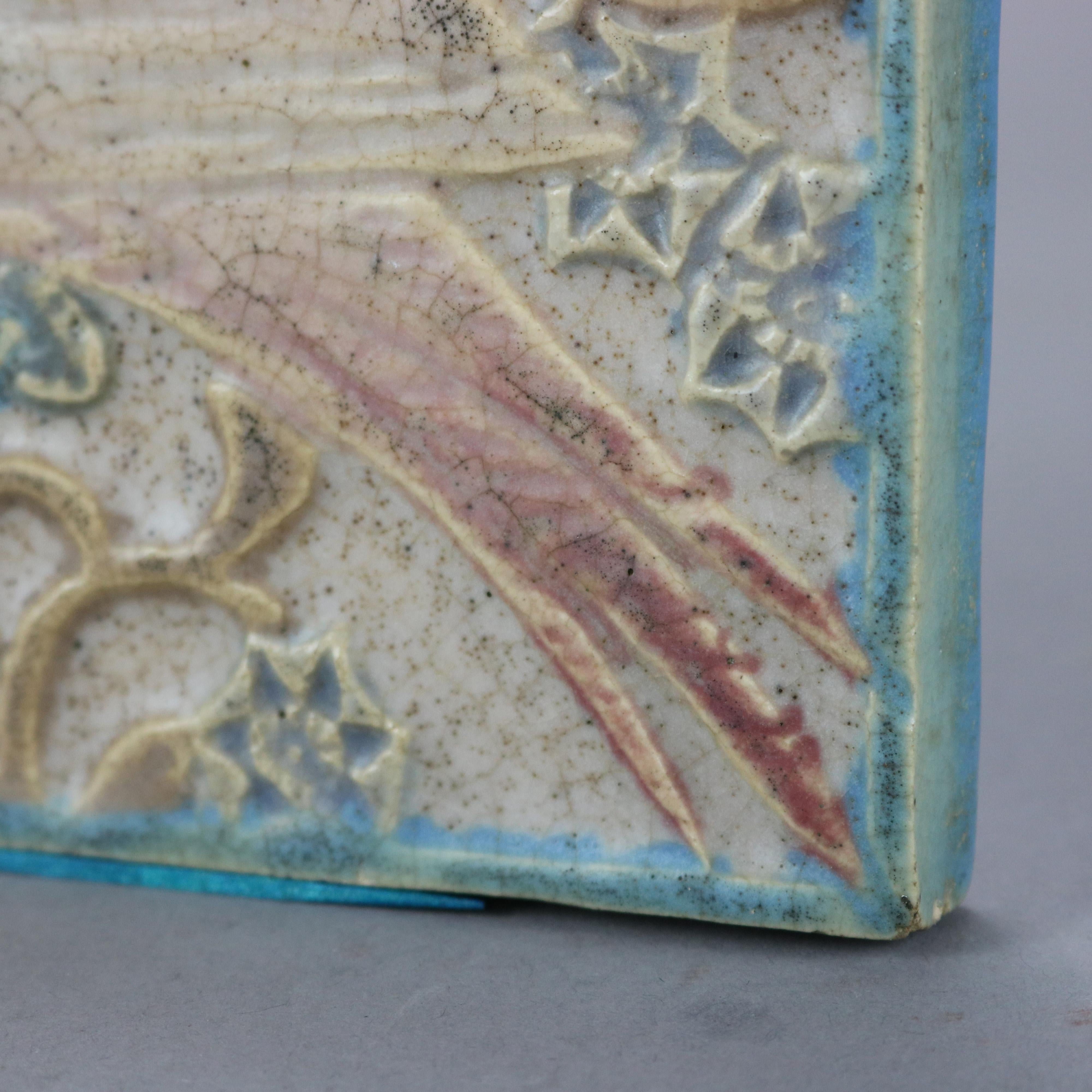 Glazed Antique Arts & Crafts Rookwood Matte Glaze Parrot Tile Trivet, Dated 1917