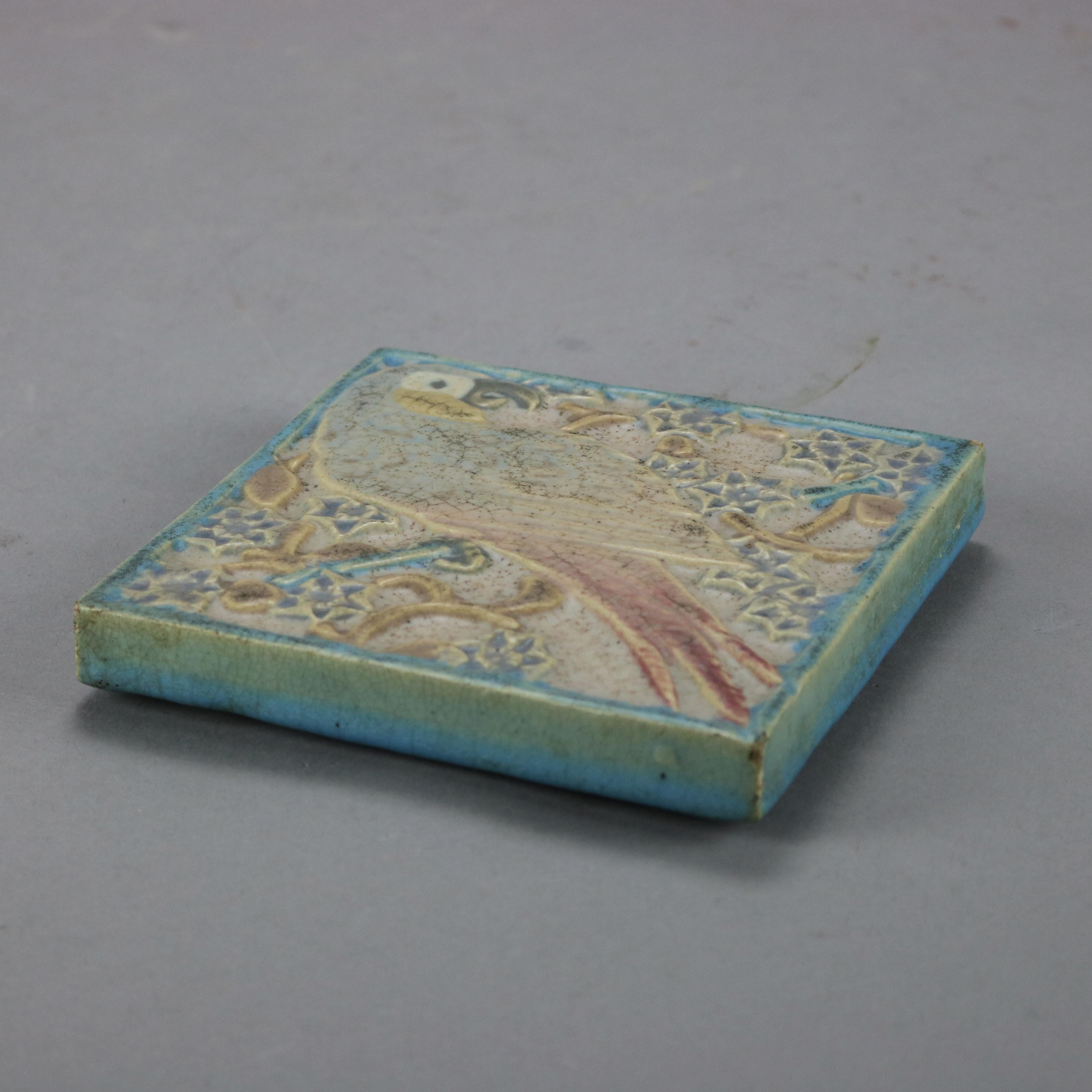 Antique Arts & Crafts Rookwood Matte Glaze Parrot Tile Trivet, Dated 1917 In Good Condition In Big Flats, NY