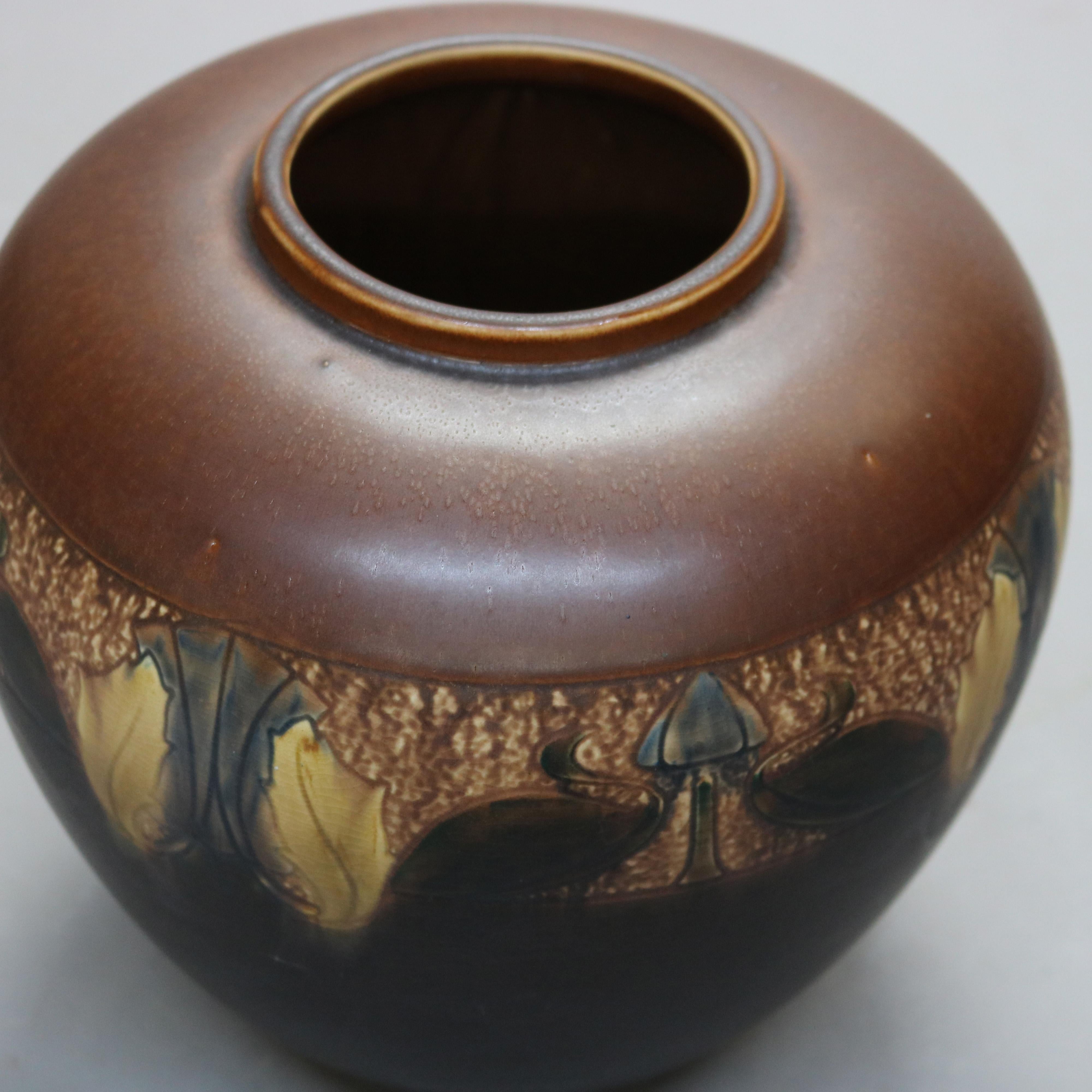 Glazed Antique Arts & Crafts Roseville Art Pottery Vase, Stylized Leaf & Swan, c1910