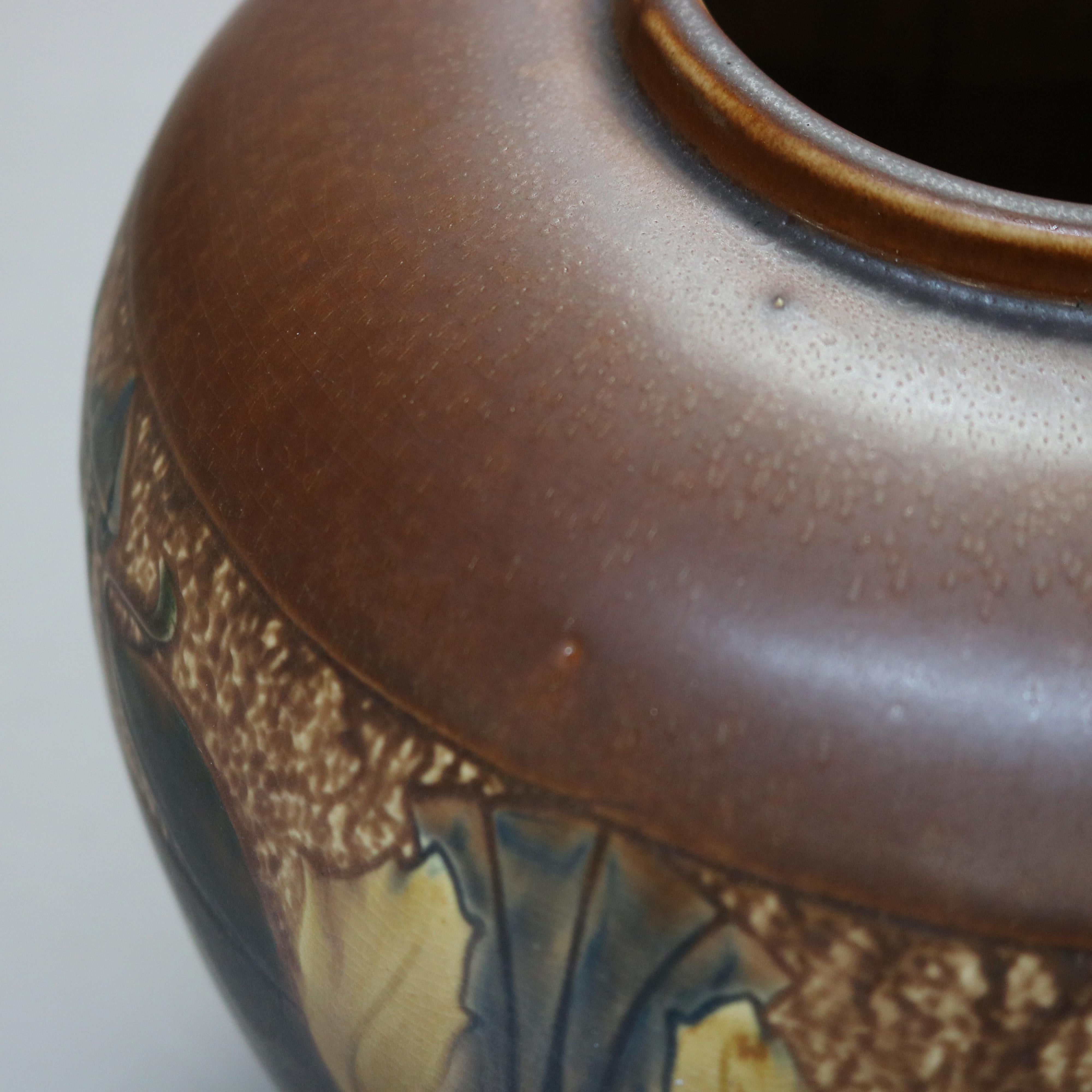 20th Century Antique Arts & Crafts Roseville Art Pottery Vase, Stylized Leaf & Swan, c1910