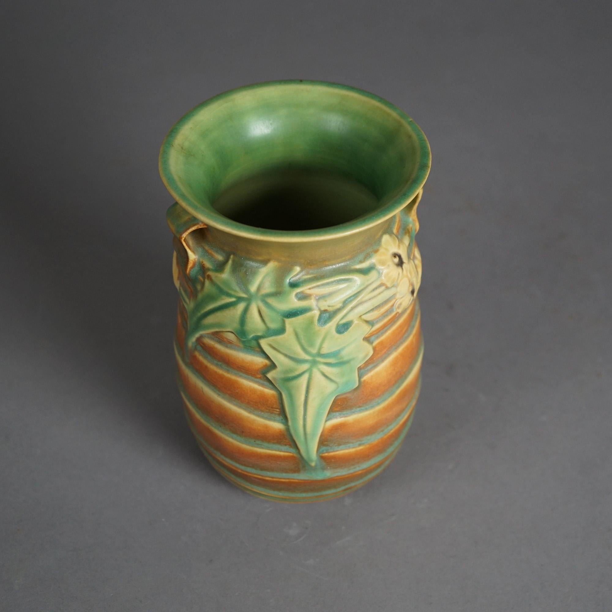 Antique Arts & Crafts Roseville Luffa Pattern Pottery Vase C1930 In Good Condition For Sale In Big Flats, NY