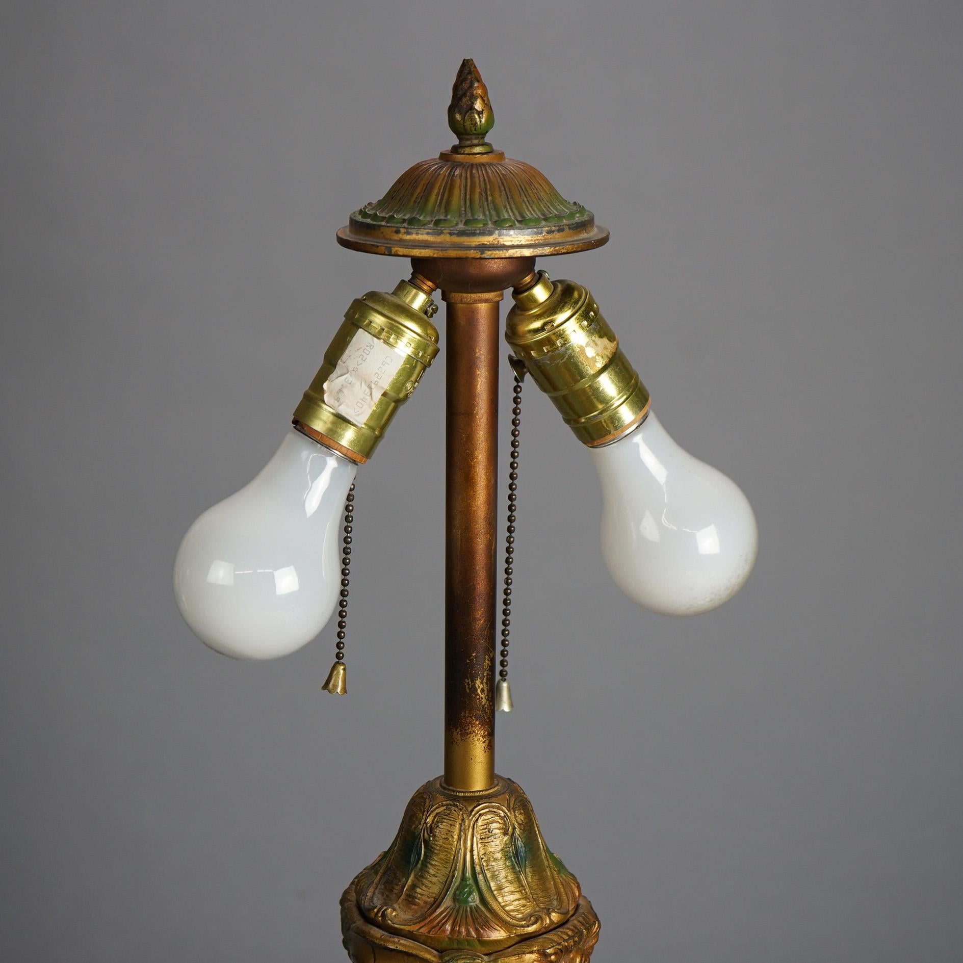Antique Arts & Crafts Royal Polychromed & Caramel Slag Glass Lamp C1920 2