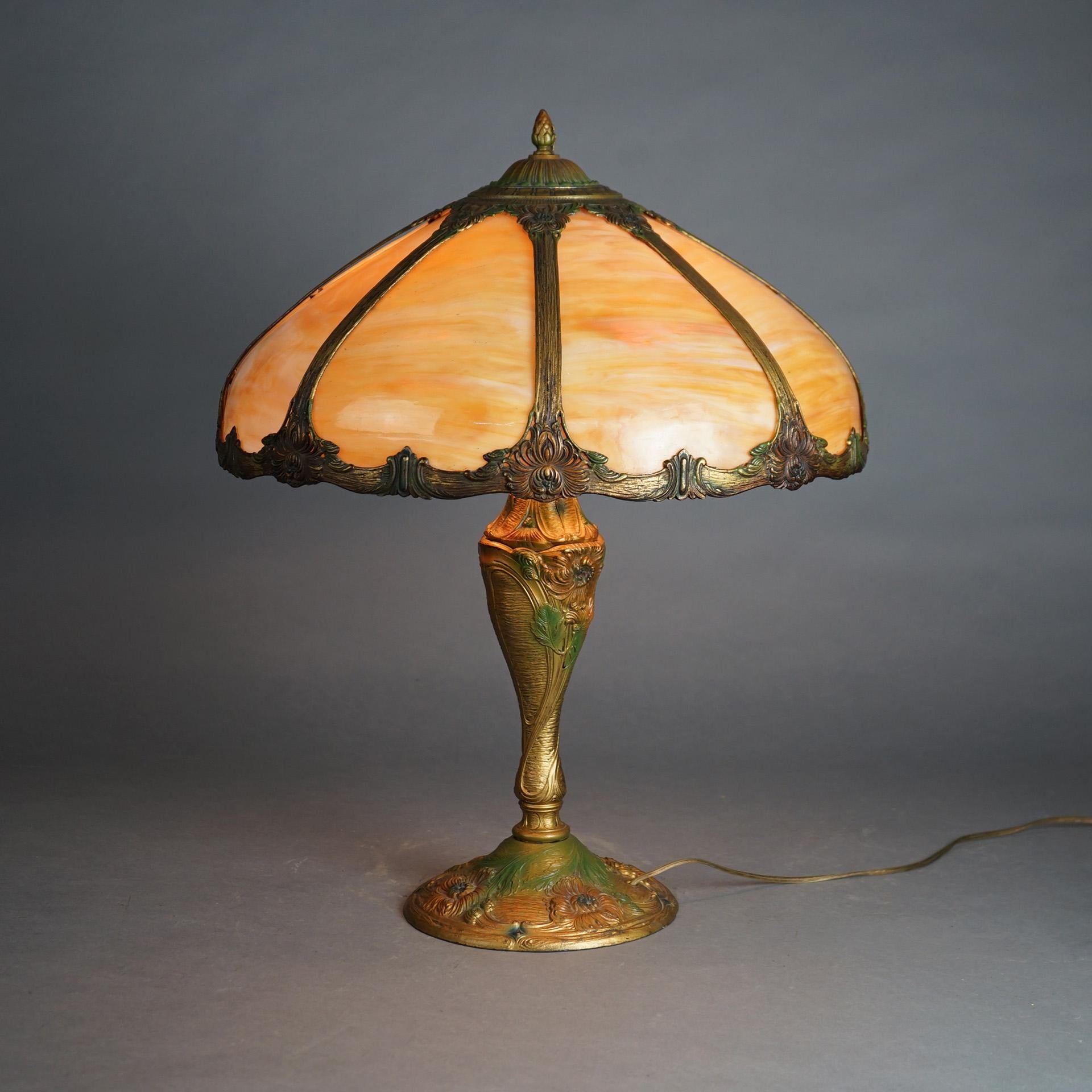 Antique Arts & Crafts Royal Polychromed & Caramel Slag Glass Lamp having Double Socket Base with Floral Decoration C1920

Measures - 24