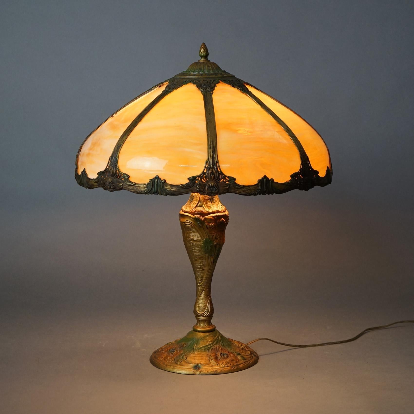 American Antique Arts & Crafts Royal Polychromed & Caramel Slag Glass Lamp C1920