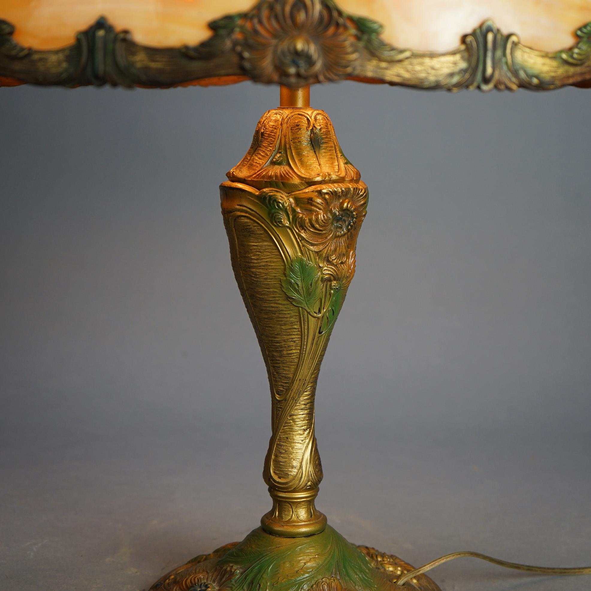 Cast Antique Arts & Crafts Royal Polychromed & Caramel Slag Glass Lamp C1920