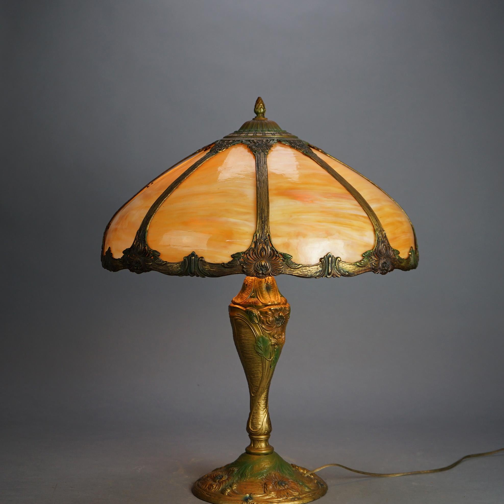 Antique Arts & Crafts Royal Polychromed & Caramel Slag Glass Lamp C1920 In Good Condition In Big Flats, NY