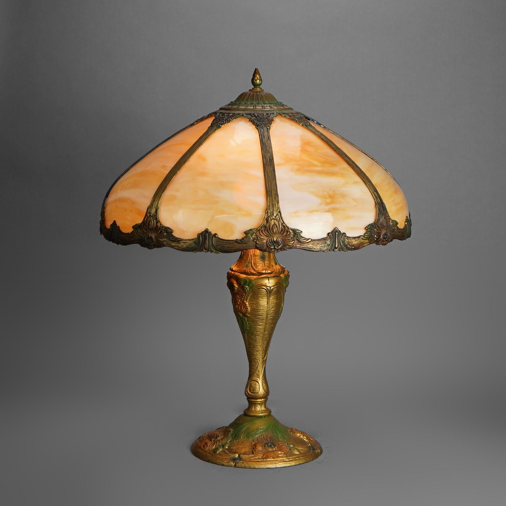 20th Century Antique Arts & Crafts Royal Polychromed & Caramel Slag Glass Lamp C1920