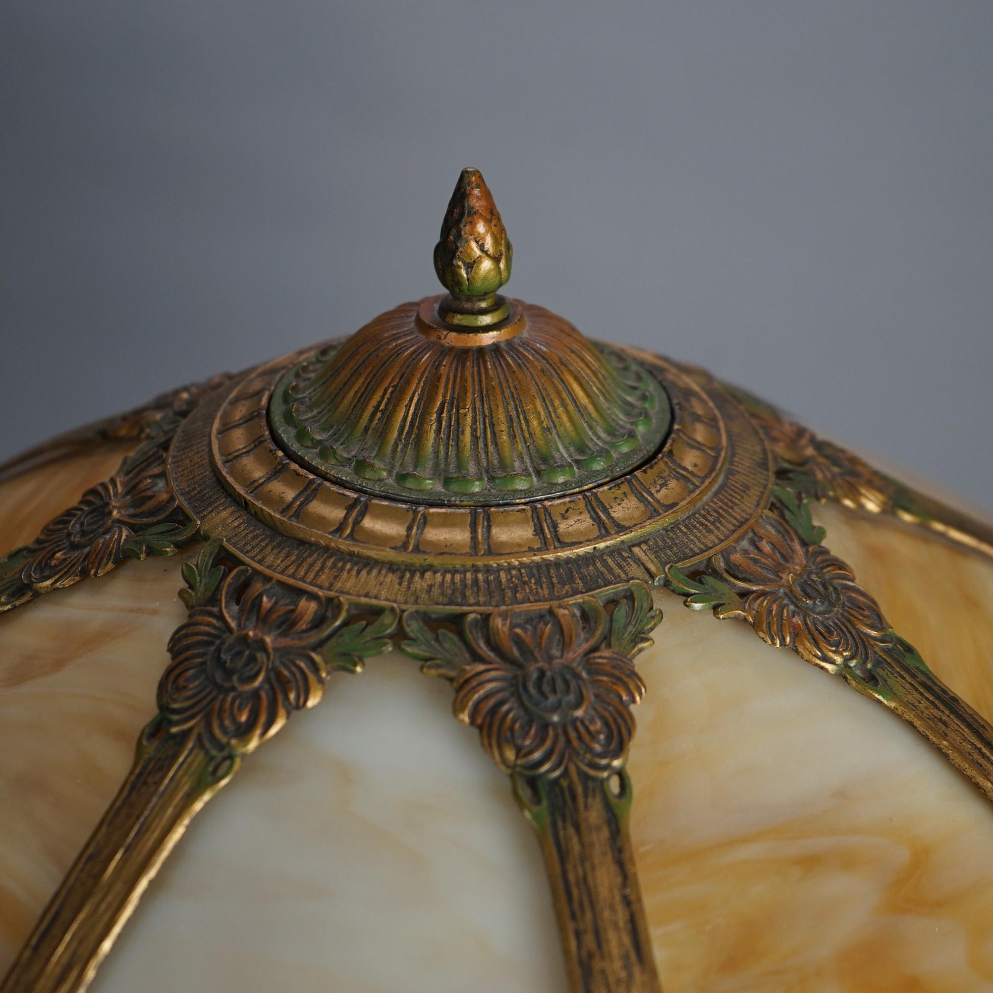 Metal Antique Arts & Crafts Royal Polychromed & Caramel Slag Glass Lamp C1920