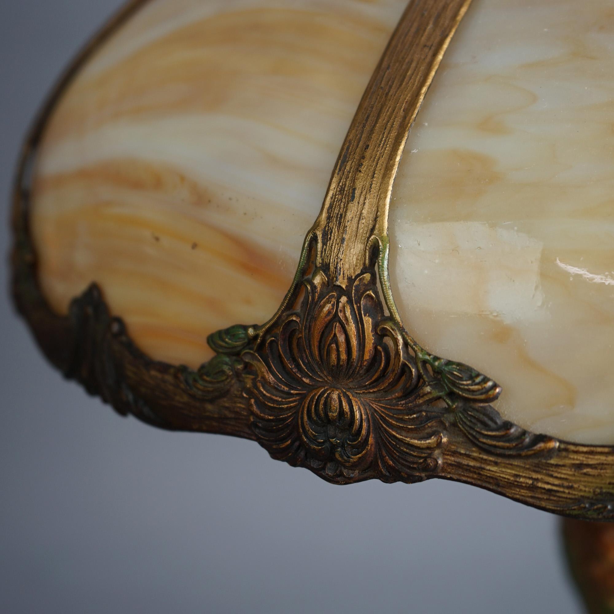 Antique Arts & Crafts Royal Polychromed & Caramel Slag Glass Lamp C1920 1