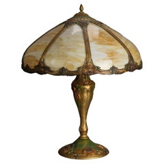 Antique Arts & Crafts Royal Polychromed & Caramel Slag Glass Lamp C1920