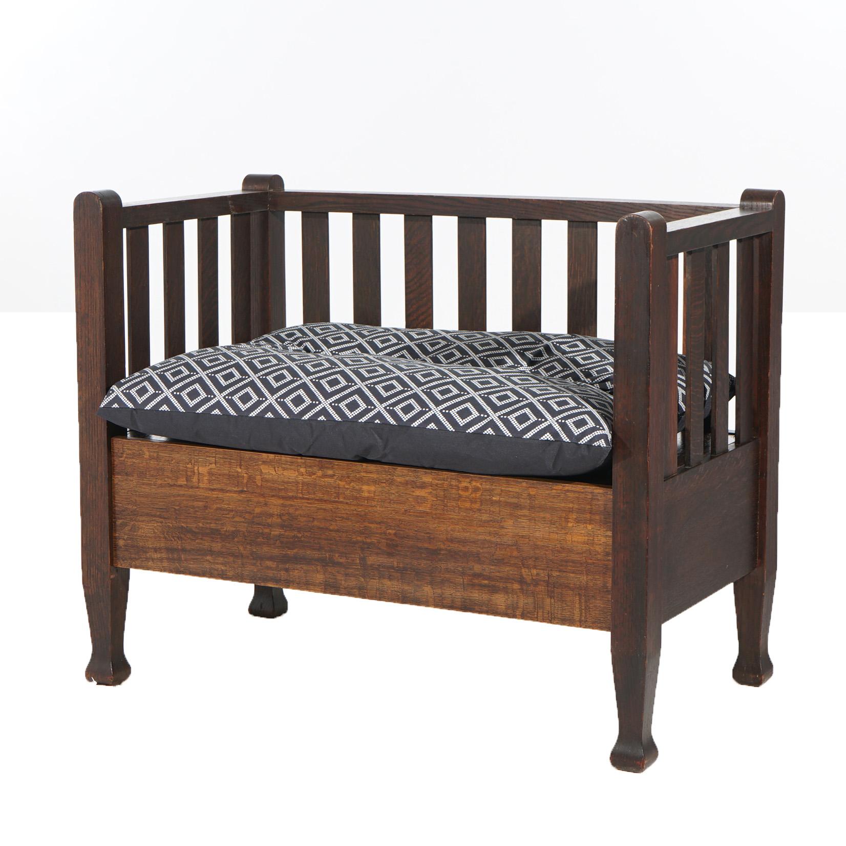***Ask About Discounted In-House Shipping***
An Arts and Crafts Mission hall bench in the manner of Roycroft offers quarter sawn oak even-arm frame with upholstered seat, slat back and sides, Circa 1910

Measures - 32'h x 39