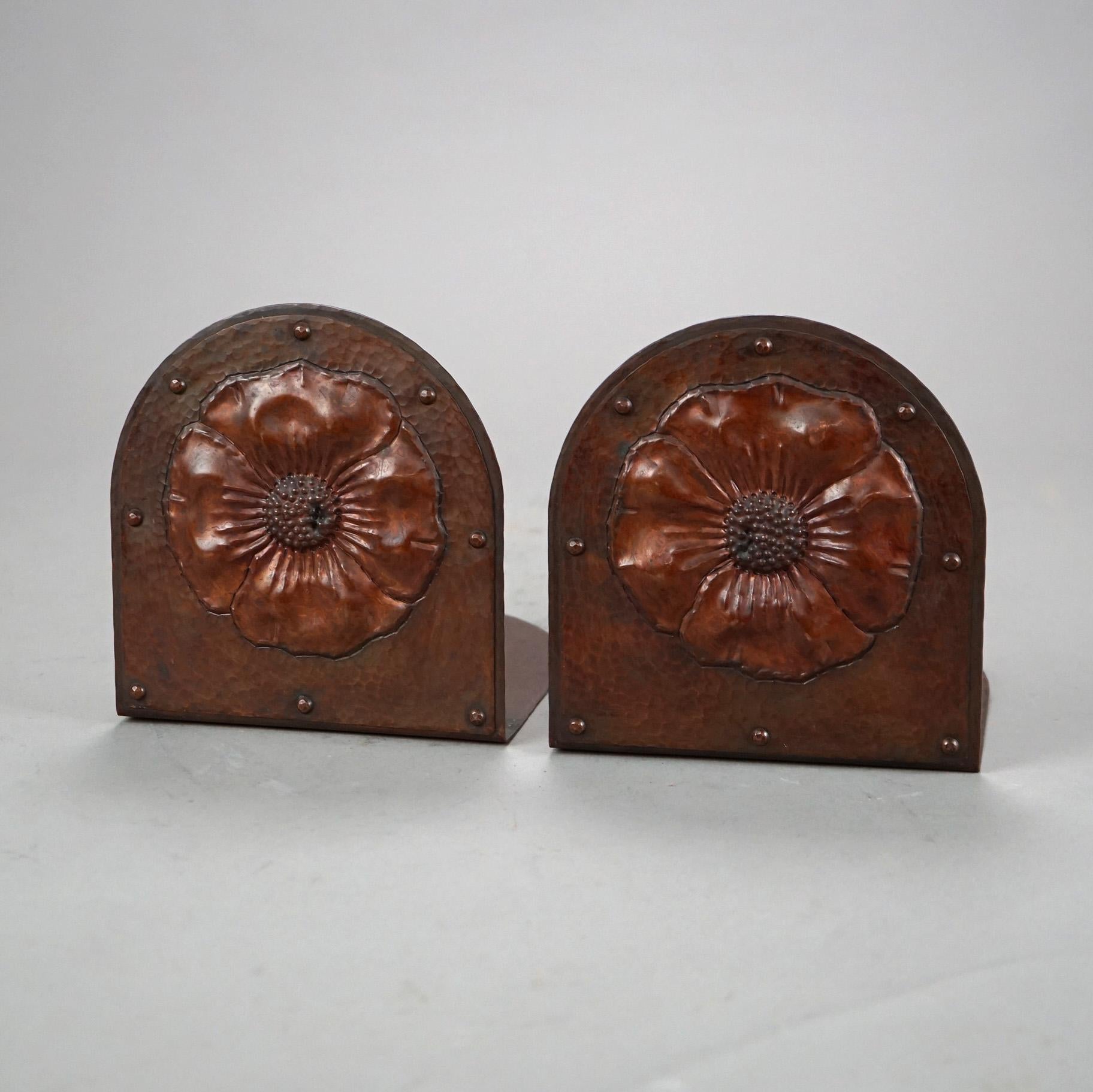 American Antique Arts & Crafts Roycroft Signed Hammered Copper Poppy Bookends C1920