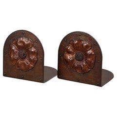 Antique Arts & Crafts Roycroft Signed Hammered Copper Poppy Bookends C1920