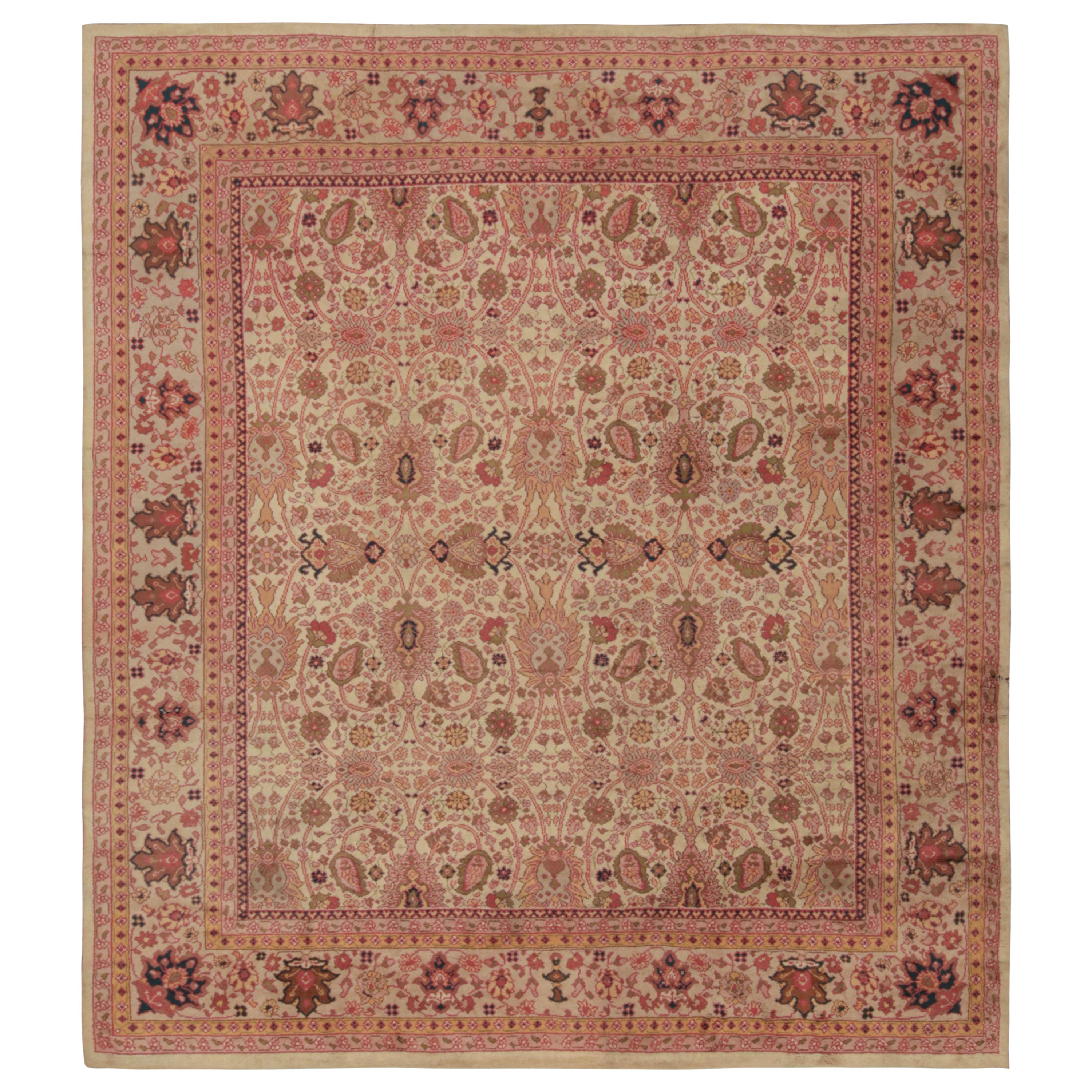 Tappeto antico Arts & Crafts di colore beige con motivi floreali rosa