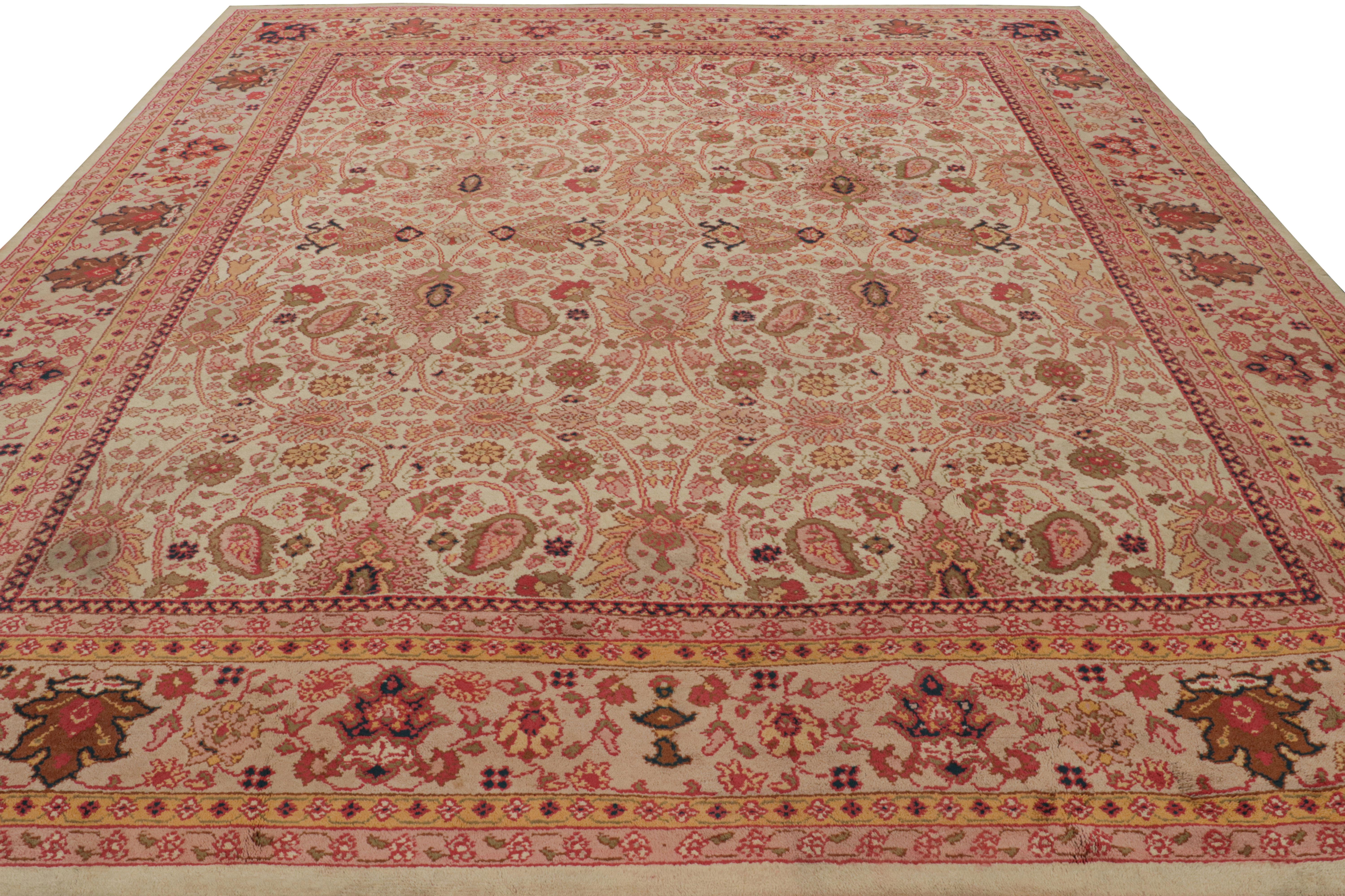 English Antique Arts & Crafts Rug in Beige with Pink Floral Patterns For Sale