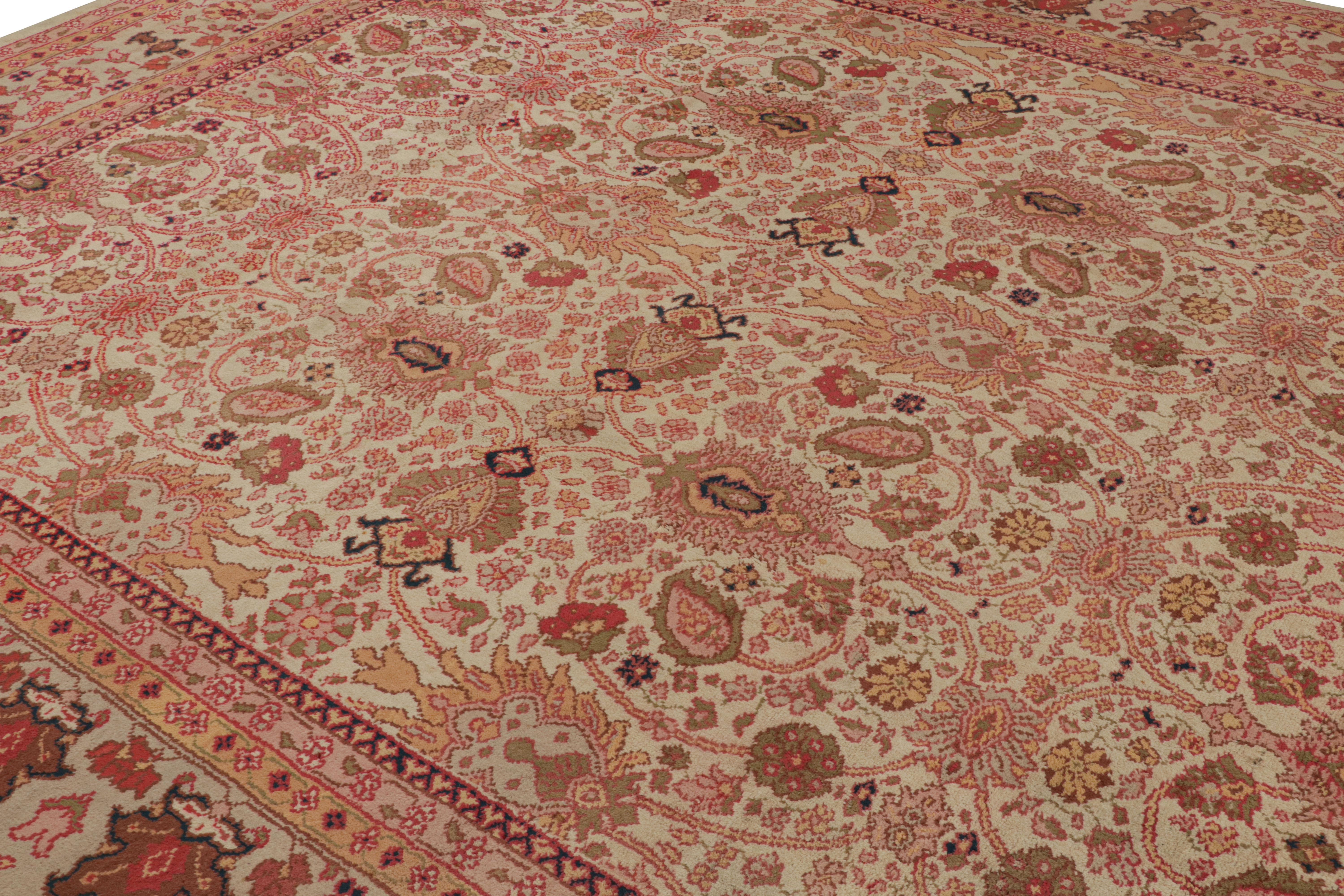 Early 20th Century Antique Arts & Crafts Rug in Beige with Pink Floral Patterns For Sale