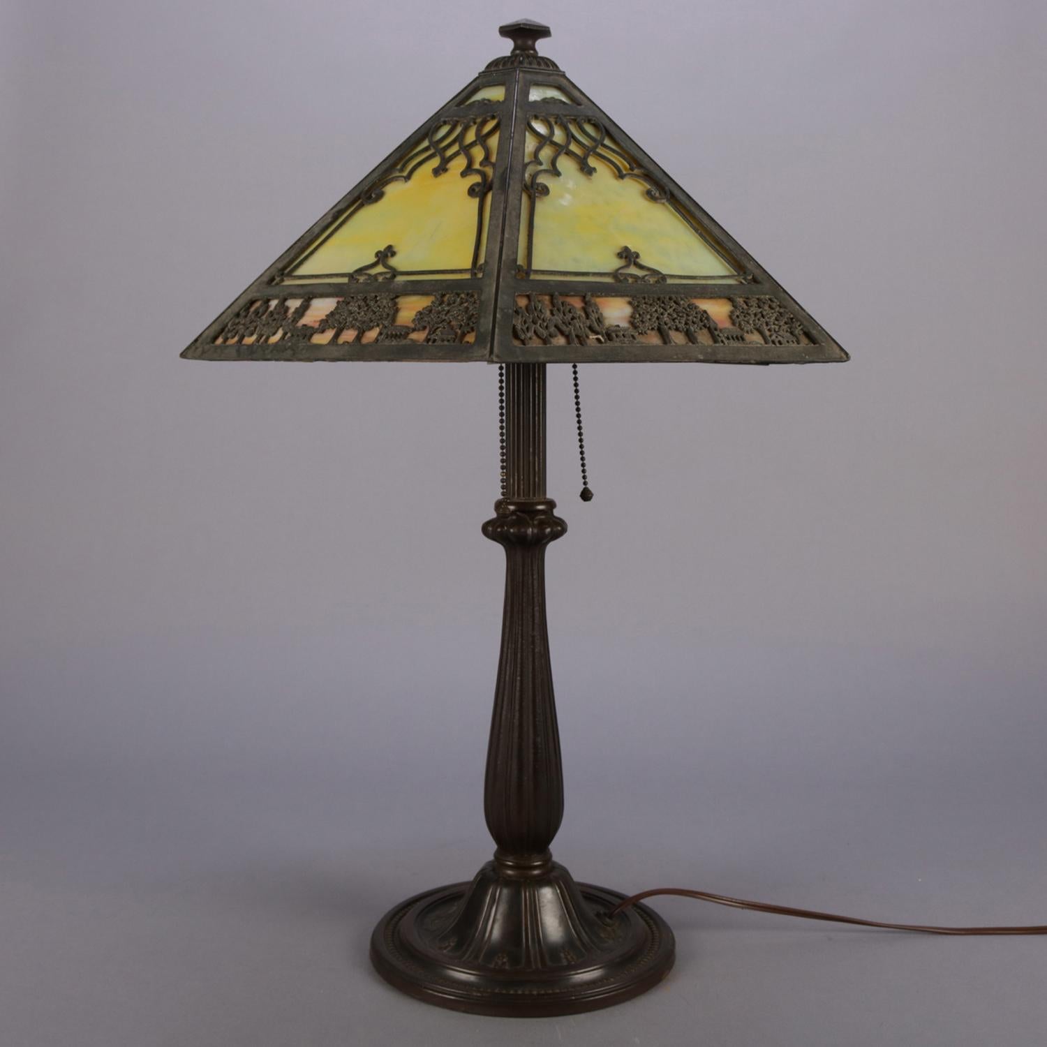American Antique Arts & Crafts Scenic Bradley and Hubbard School Slag Glass Lamp