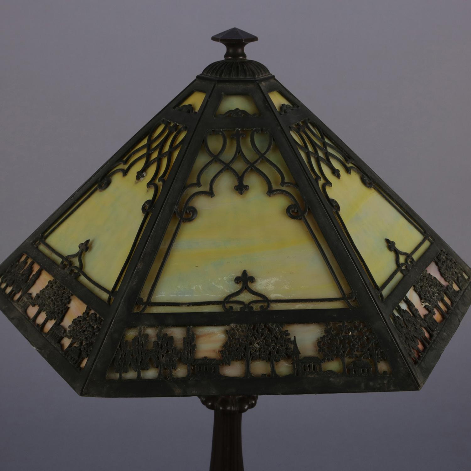 Bronzed Antique Arts & Crafts Scenic Bradley and Hubbard School Slag Glass Lamp