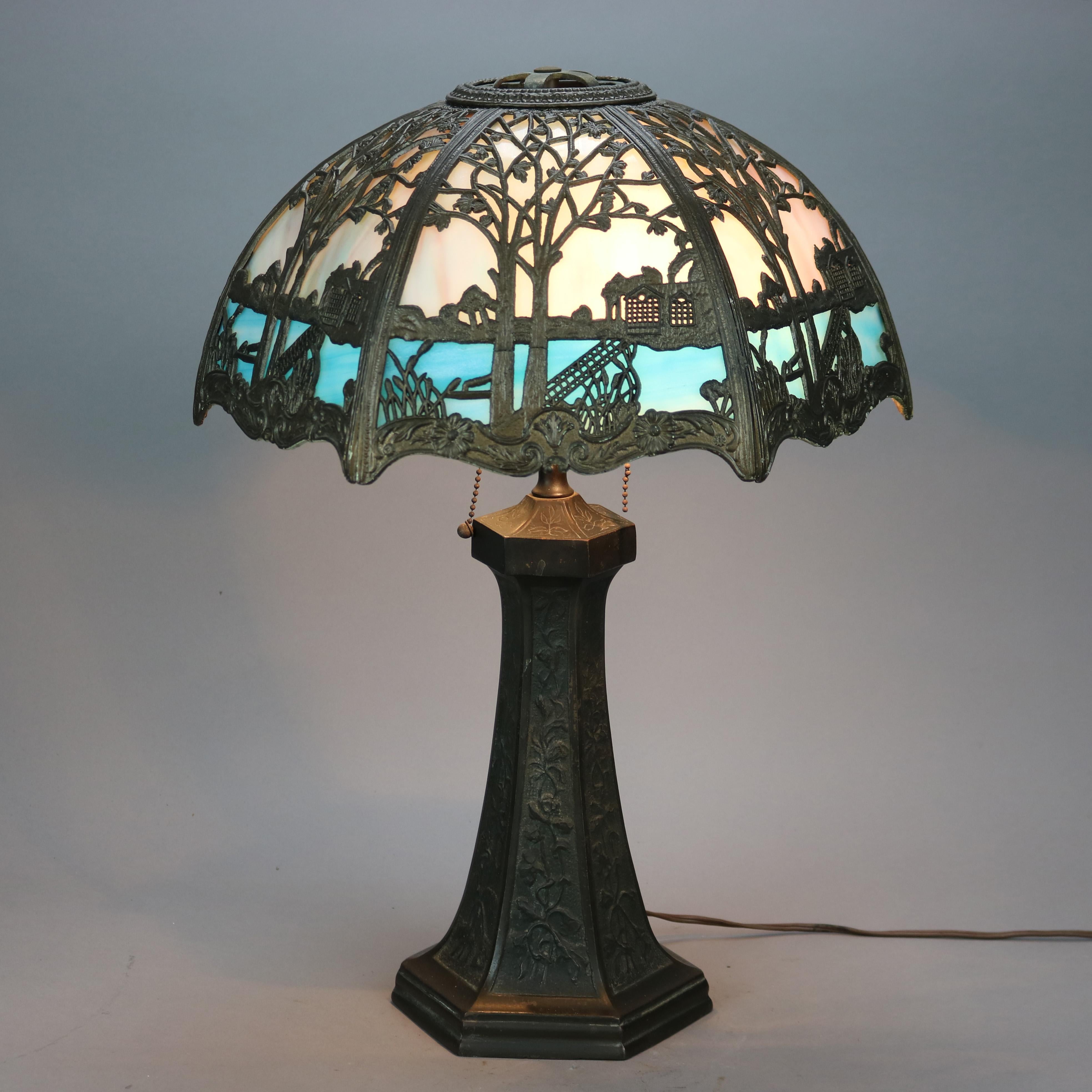 Arts and Crafts Antique Arts & Crafts Scenic Bradley & Hubbard School Slag Glass Lamp C1920