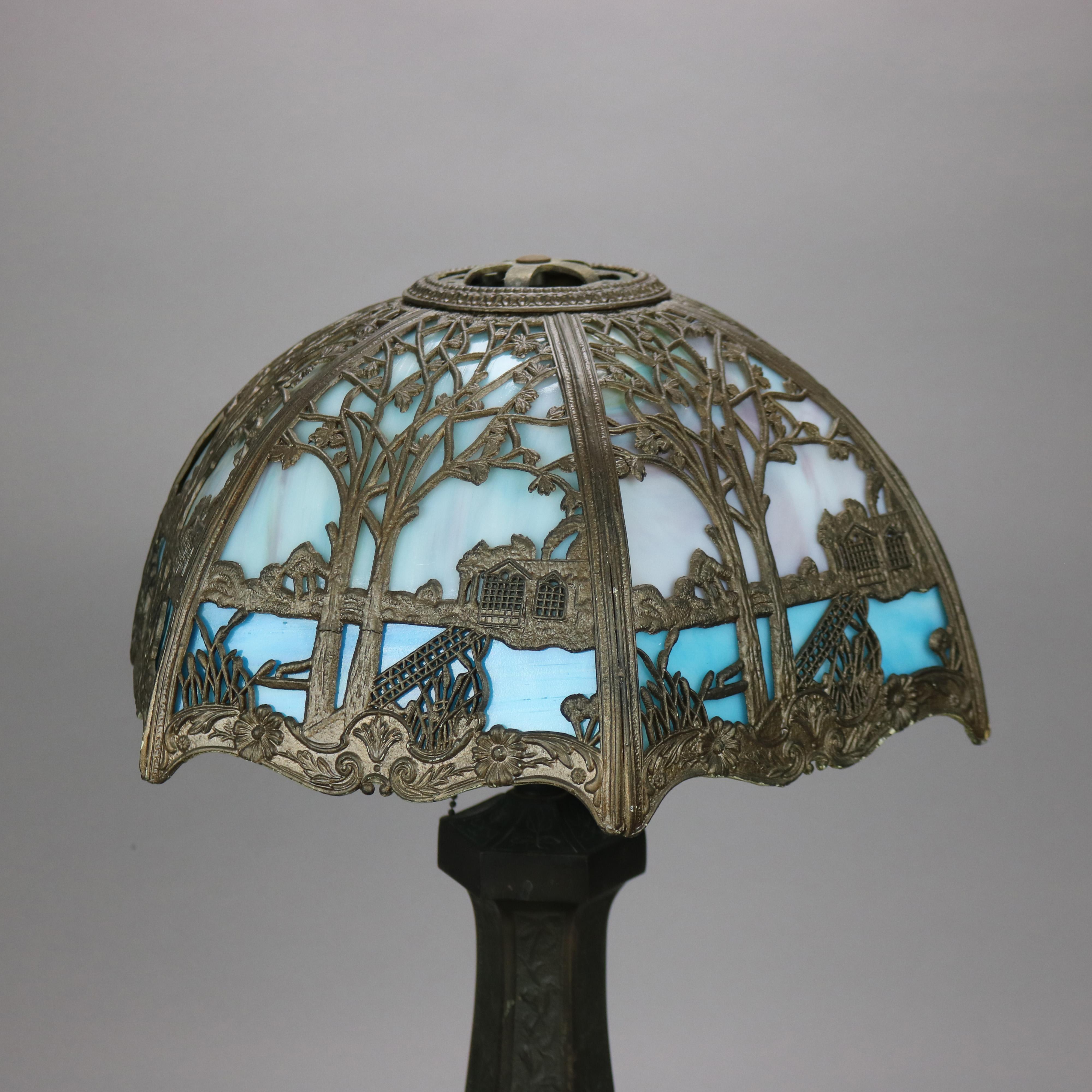 American Antique Arts & Crafts Scenic Bradley & Hubbard School Slag Glass Lamp C1920
