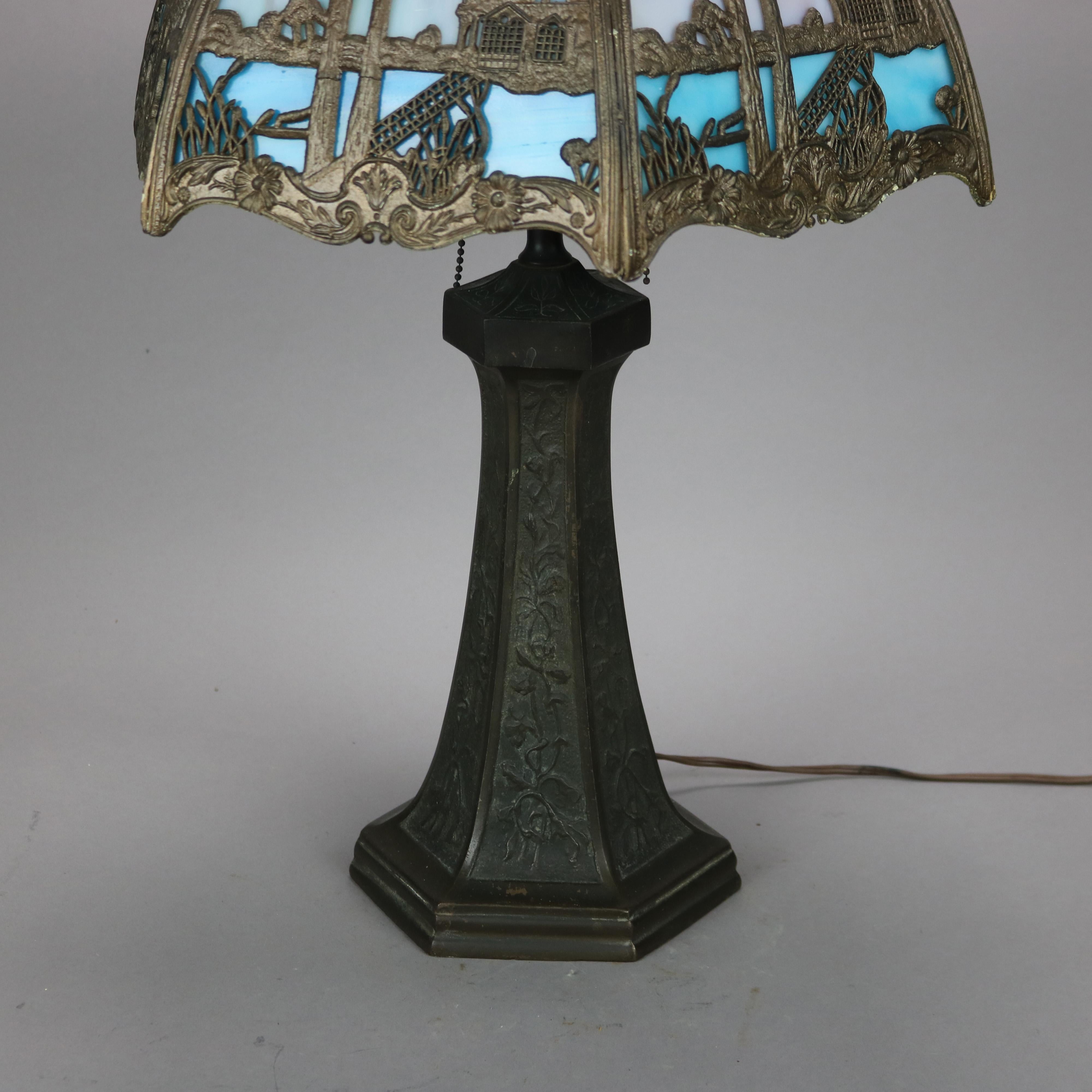Cast Antique Arts & Crafts Scenic Bradley & Hubbard School Slag Glass Lamp C1920