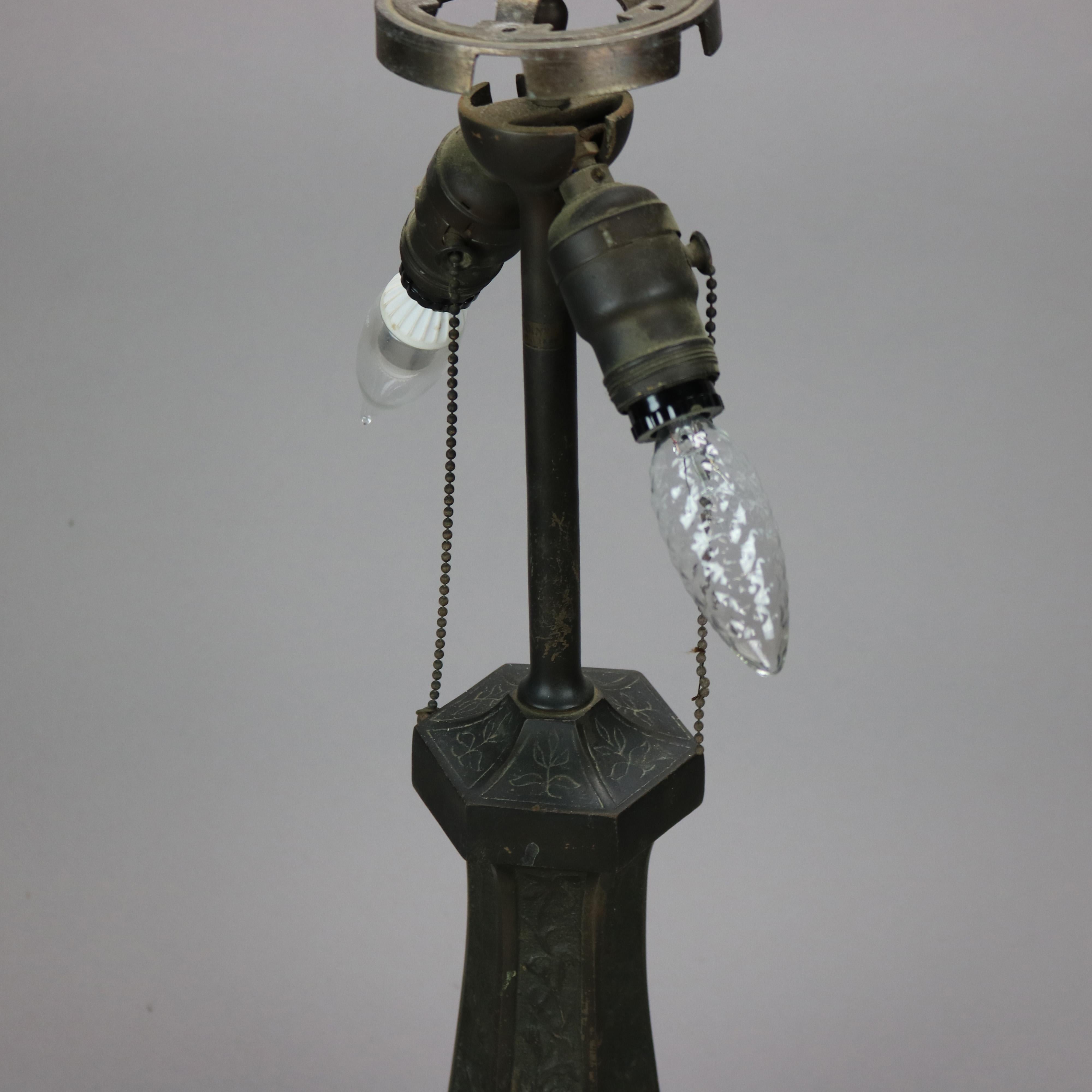 Metal Antique Arts & Crafts Scenic Bradley & Hubbard School Slag Glass Lamp C1920