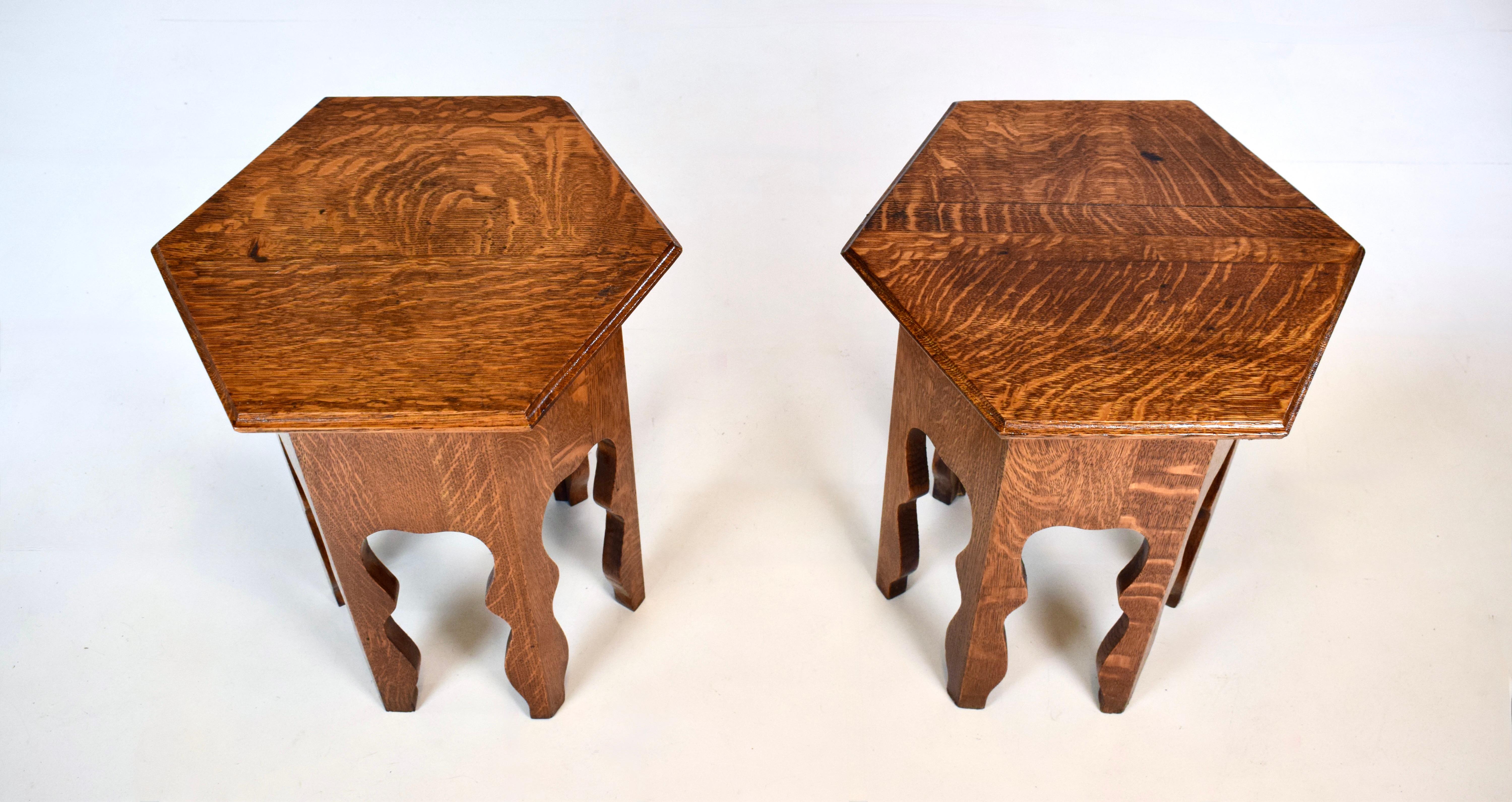 A very sweet matching pair of Antique Arts & Crafts occasional side tables of solid Oak construction suitable for a variety of functions. Hand made; early 1900's.