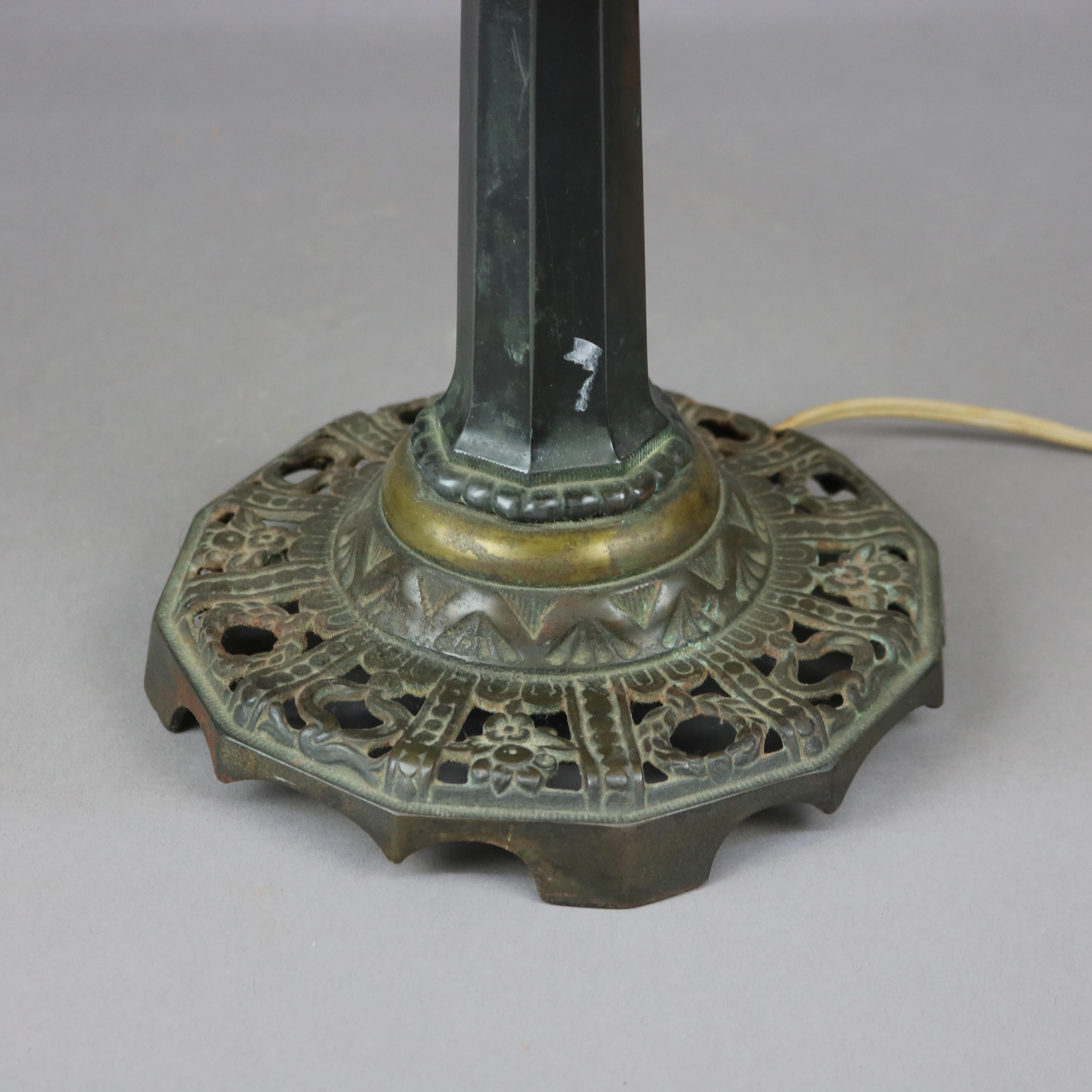Metal Antique Arts & Crafts Signed Bradley & Hubbard Green Slag Glass Table Lamp c1920